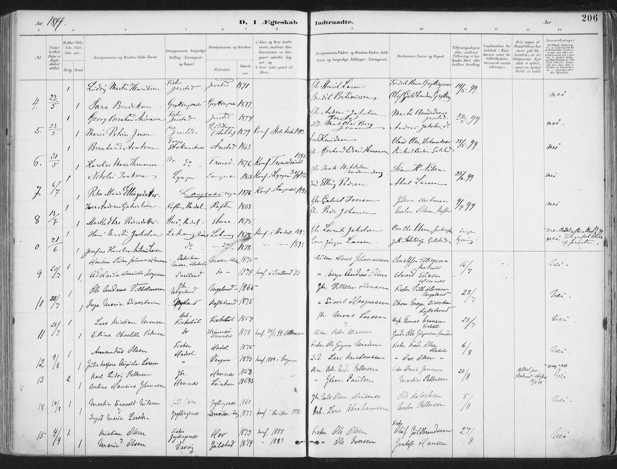 Ministerialprotokoller, klokkerbøker og fødselsregistre - Nordland, AV/SAT-A-1459/888/L1246: Parish register (official) no. 888A12, 1891-1903, p. 206