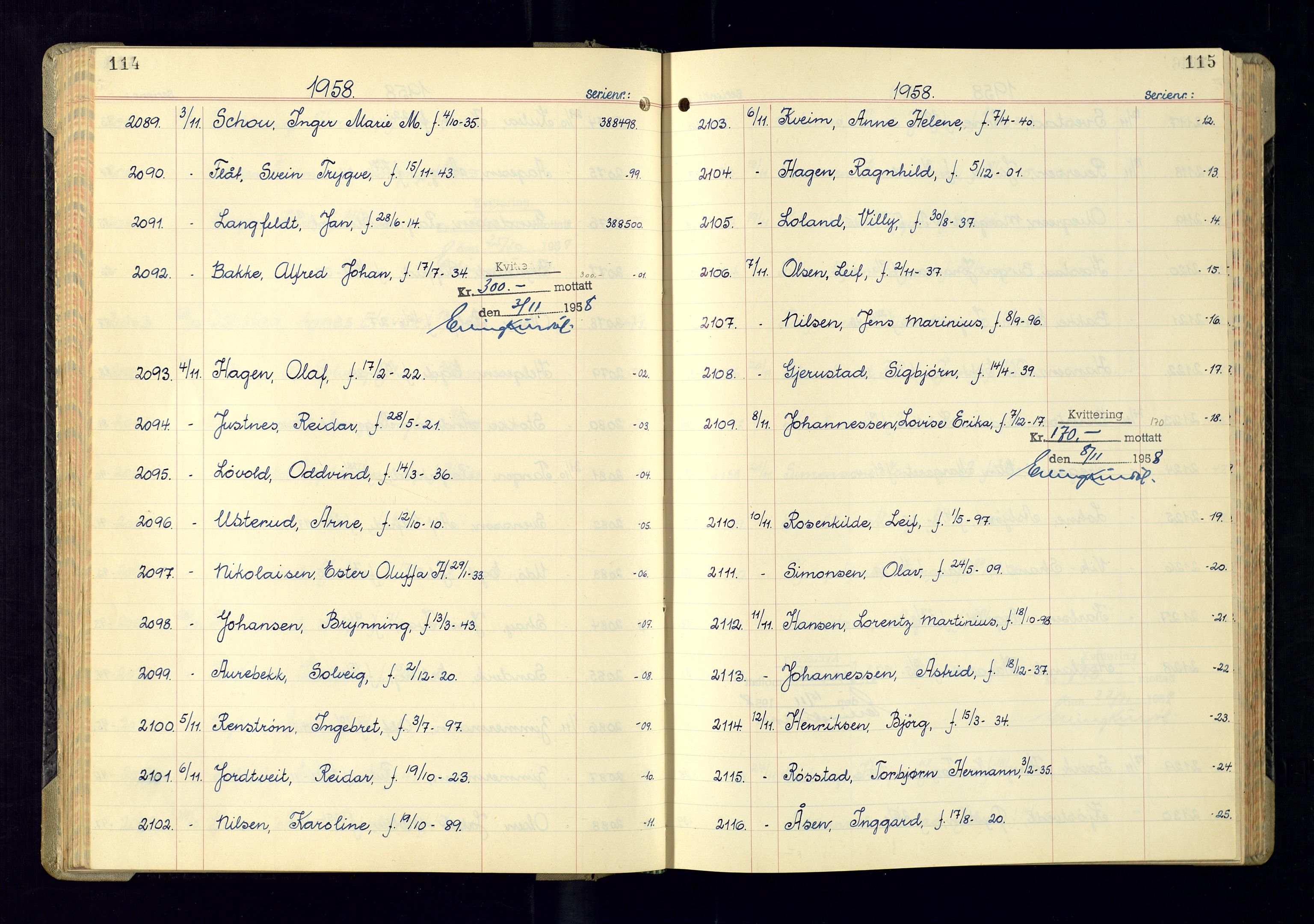 Kristiansand politikammer - 2, AV/SAK-1243-0009/K/Ka/Kaa/L0614: Passprotokoll, liste med løpenumre, 1958-1962, p. 114-115