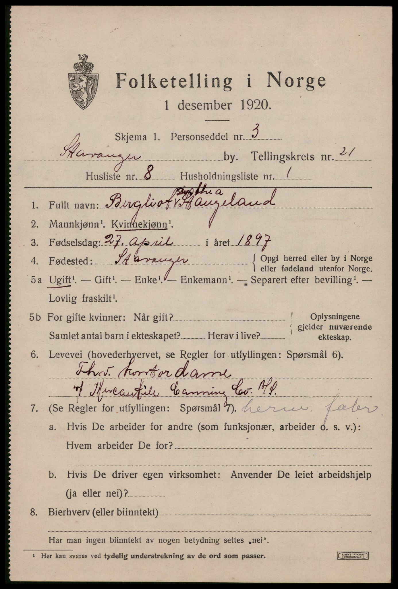 SAST, 1920 census for Stavanger, 1920, p. 72108