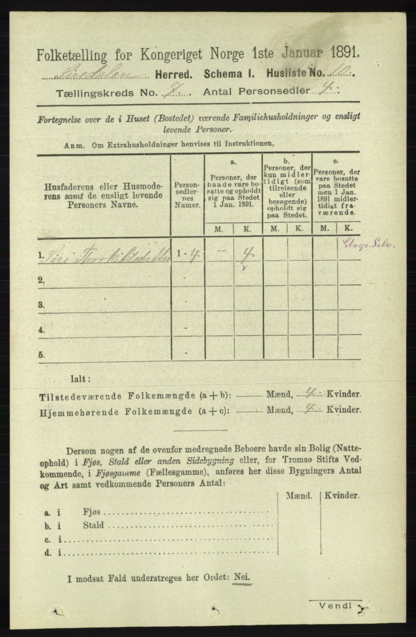 RA, 1891 census for 1046 Sirdal, 1891, p. 1926