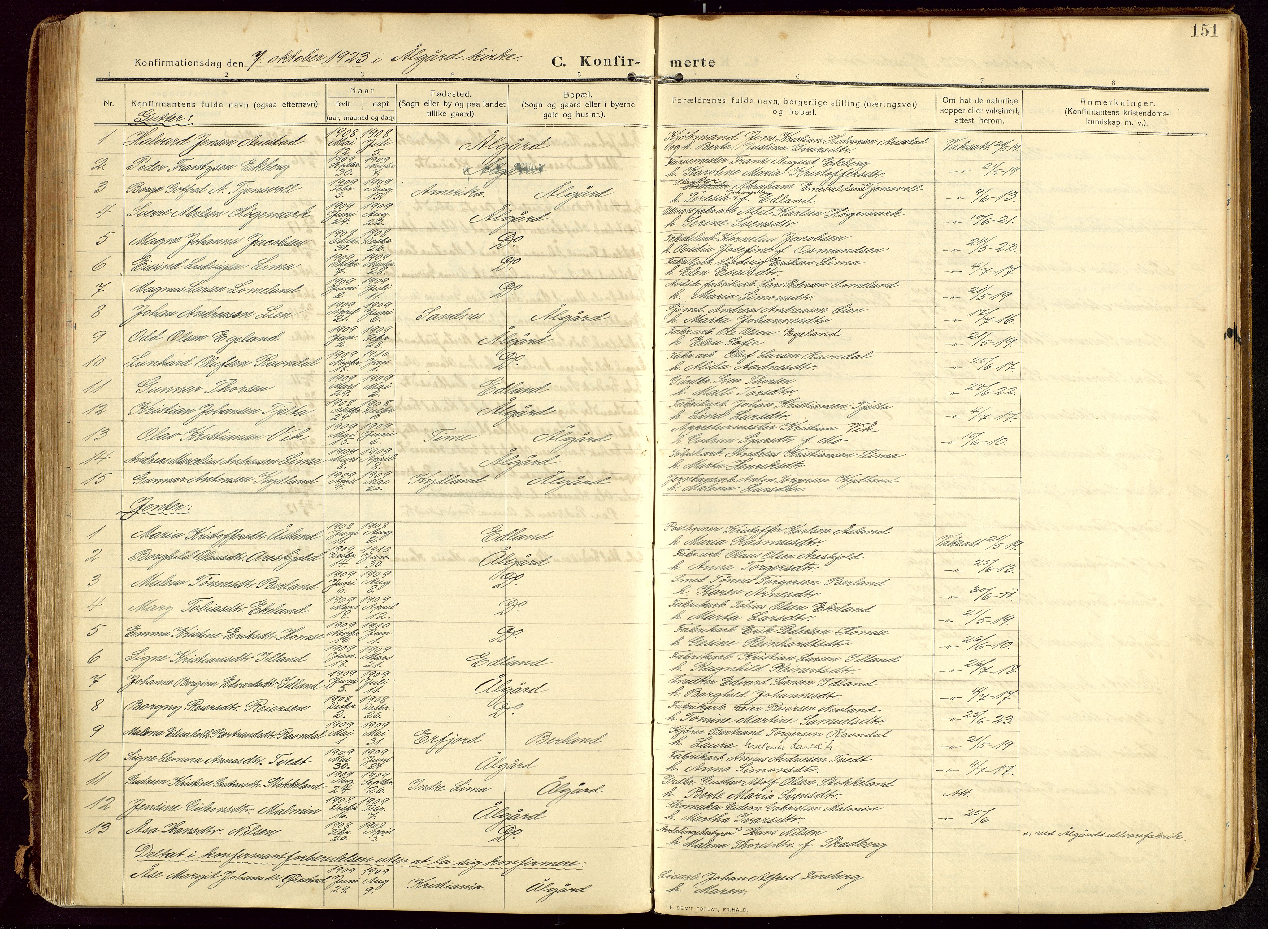 Lye sokneprestkontor, SAST/A-101794/002/B/L0001: Parish register (official) no. A 13, 1910-1925, p. 151