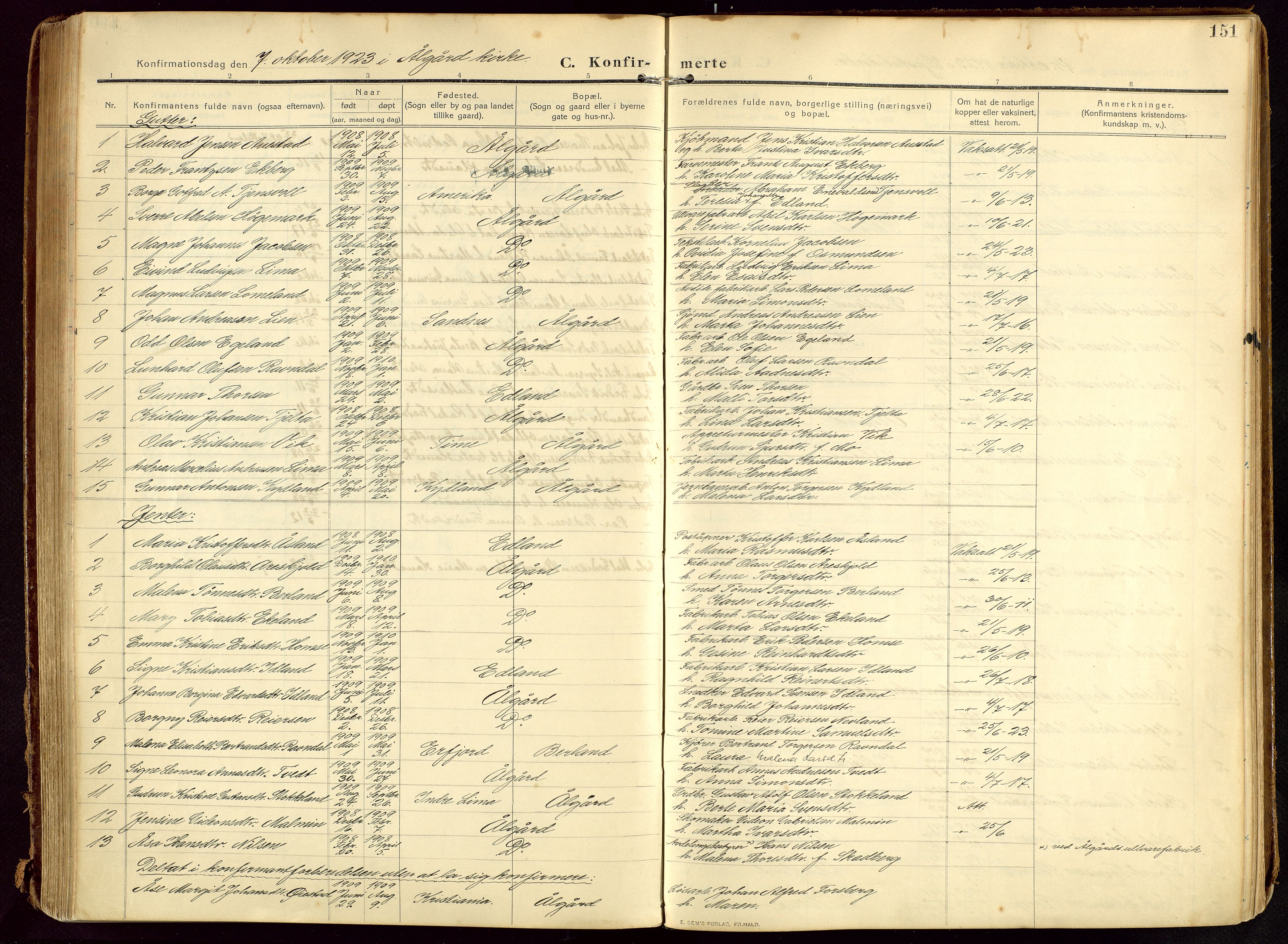 Lye sokneprestkontor, AV/SAST-A-101794/002/B/L0001: Parish register (official) no. A 13, 1910-1925, p. 151