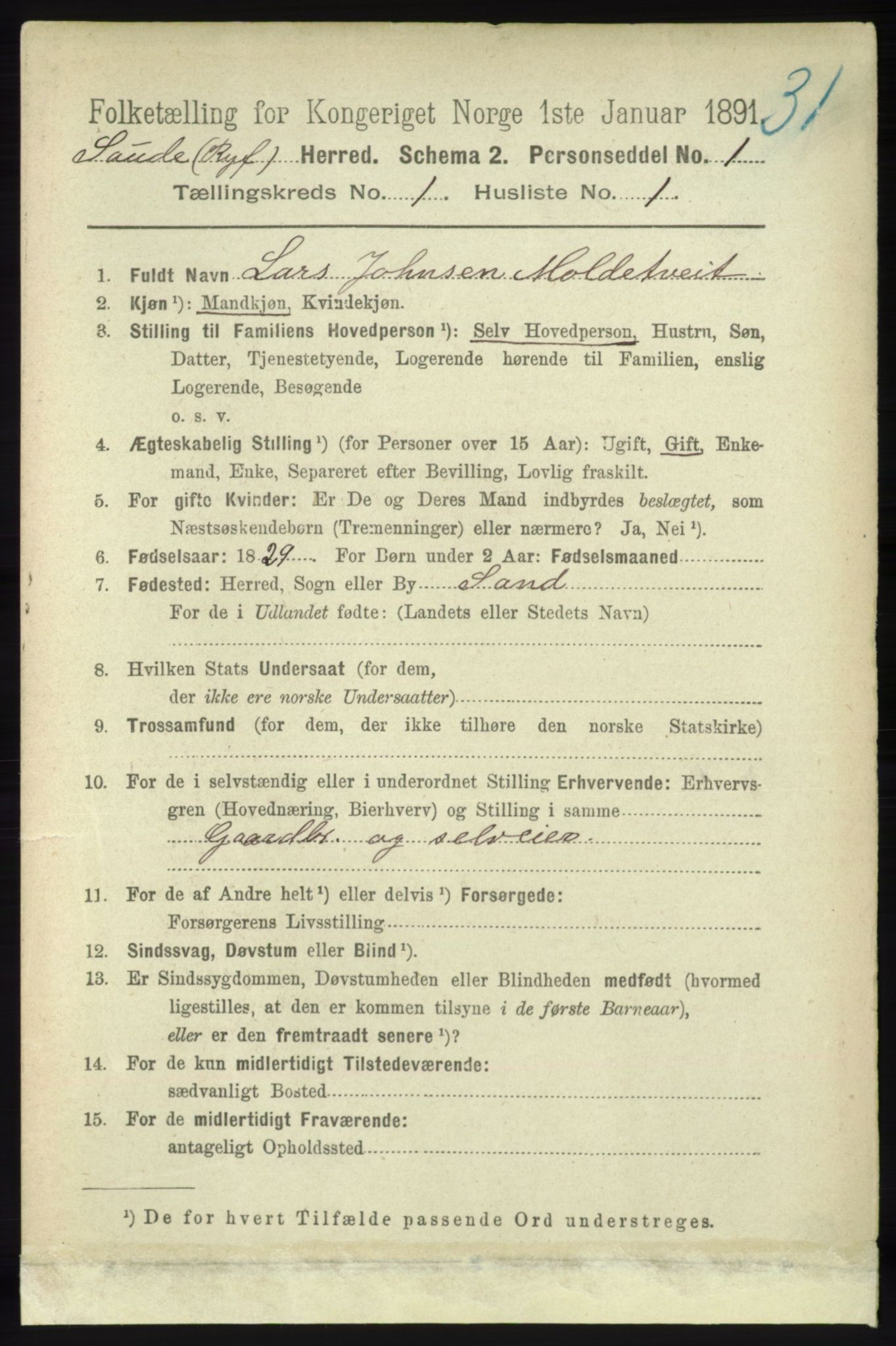 RA, 1891 census for 1135 Sauda, 1891, p. 98