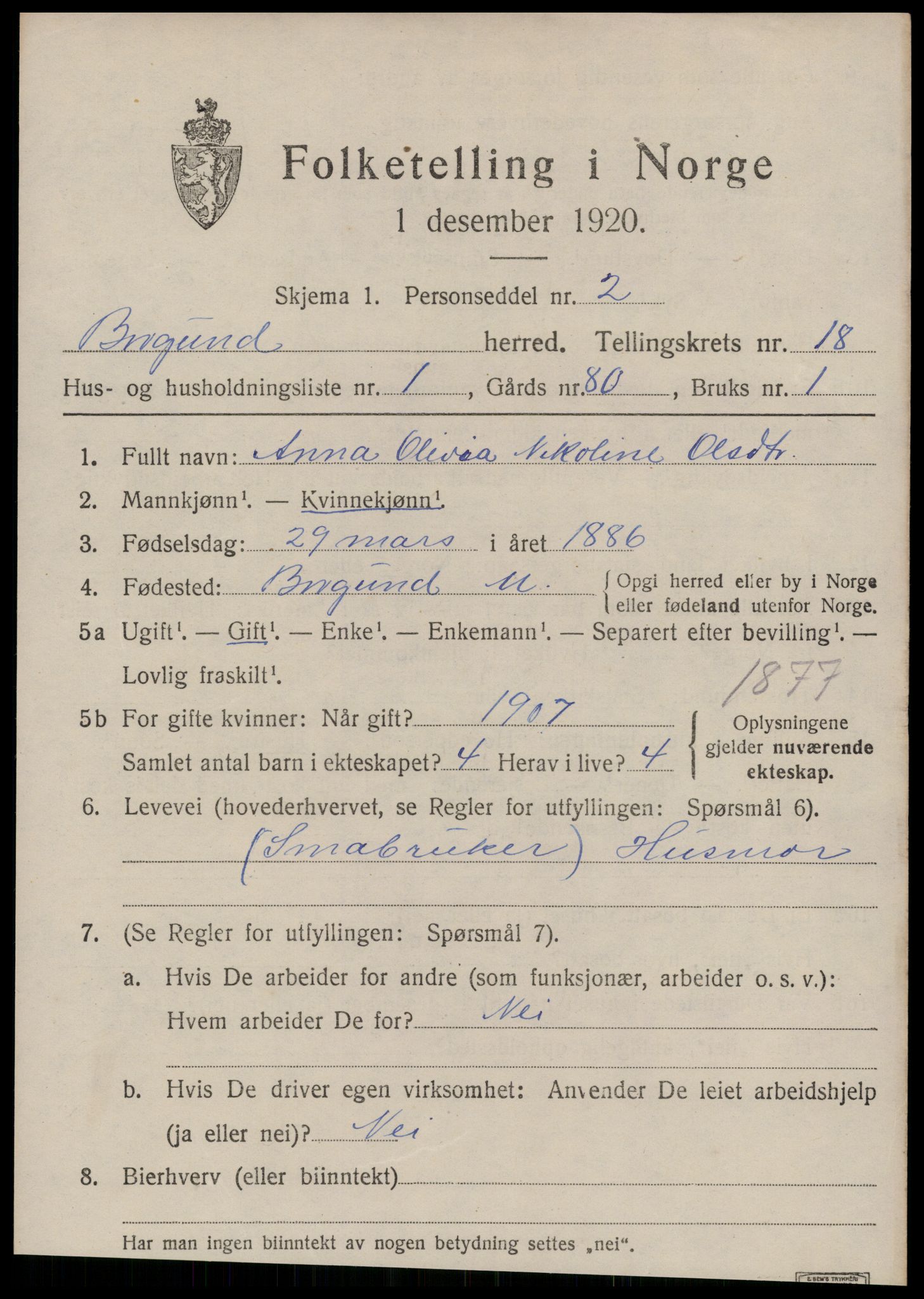 SAT, 1920 census for Borgund, 1920, p. 12922