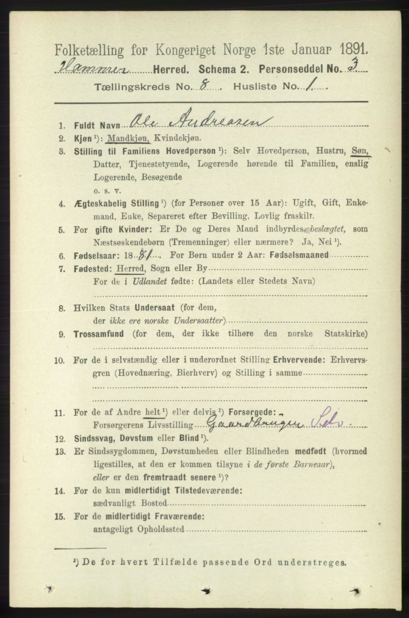 RA, 1891 census for 1254 Hamre, 1891, p. 2001