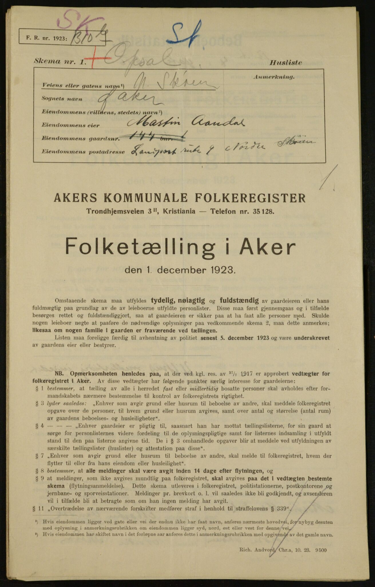 , Municipal Census 1923 for Aker, 1923, p. 30671