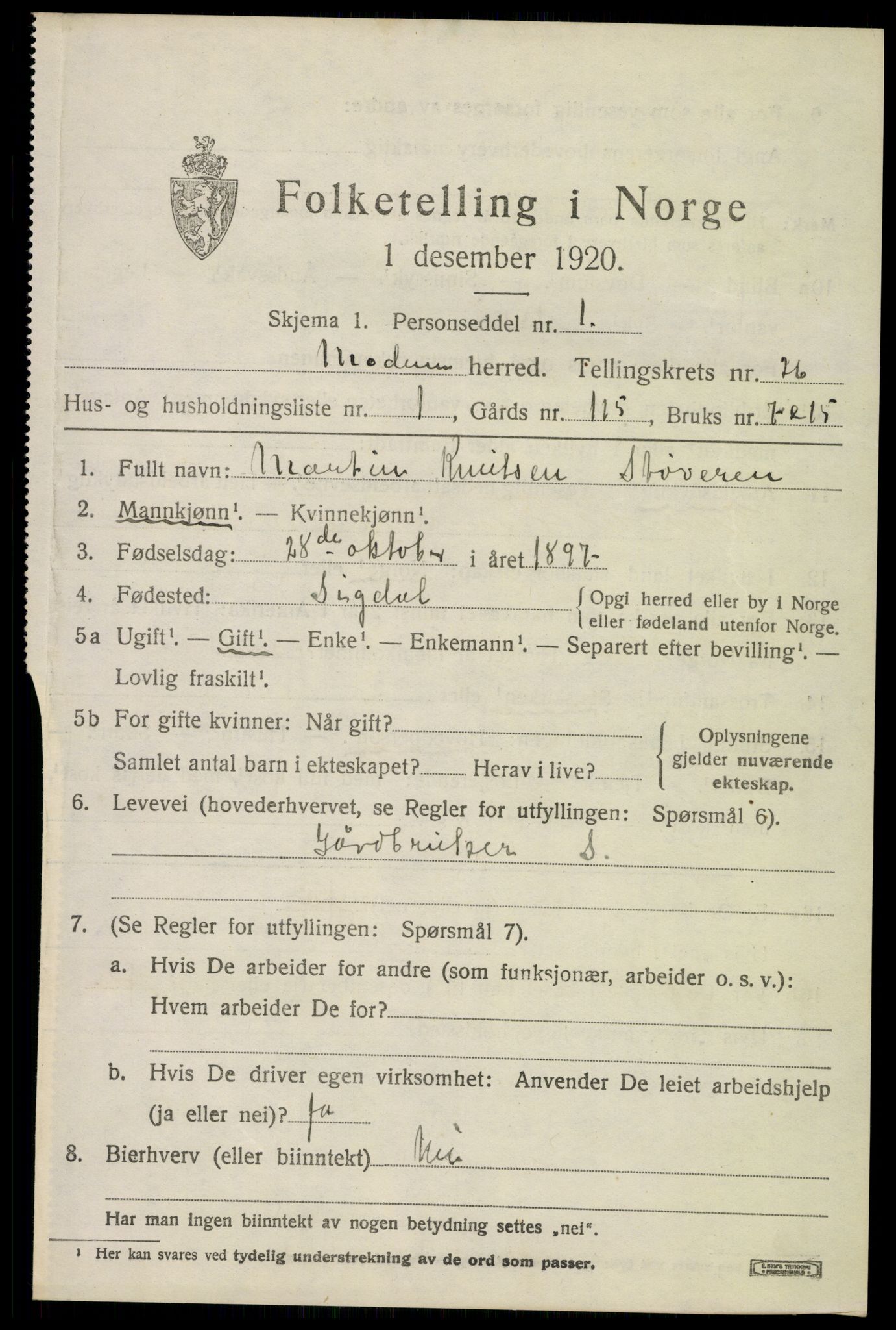 SAKO, 1920 census for Modum, 1920, p. 25263