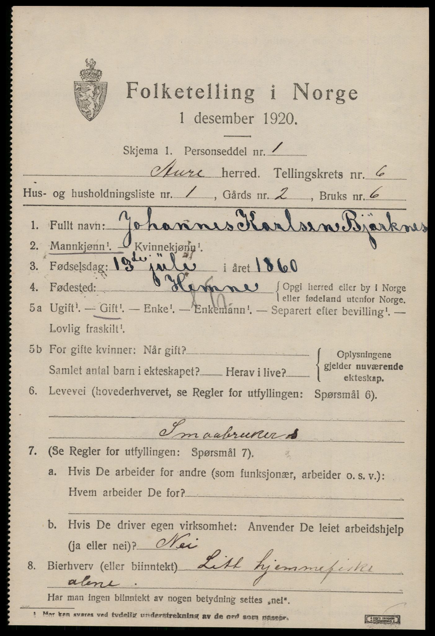 SAT, 1920 census for Aure, 1920, p. 2454