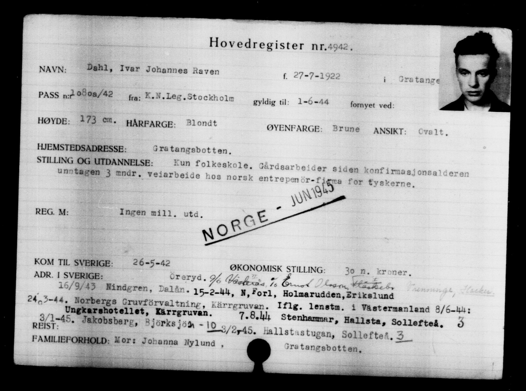 Utenriksstasjonene, Legasjonen i Stockholm, Flyktningkontoret, AV/RA-S-6753/V/Va/L0004: Kjesäterkartoteket, flyktninger med registreringsnr. 3496-6610, 1940-1945, p. 1715