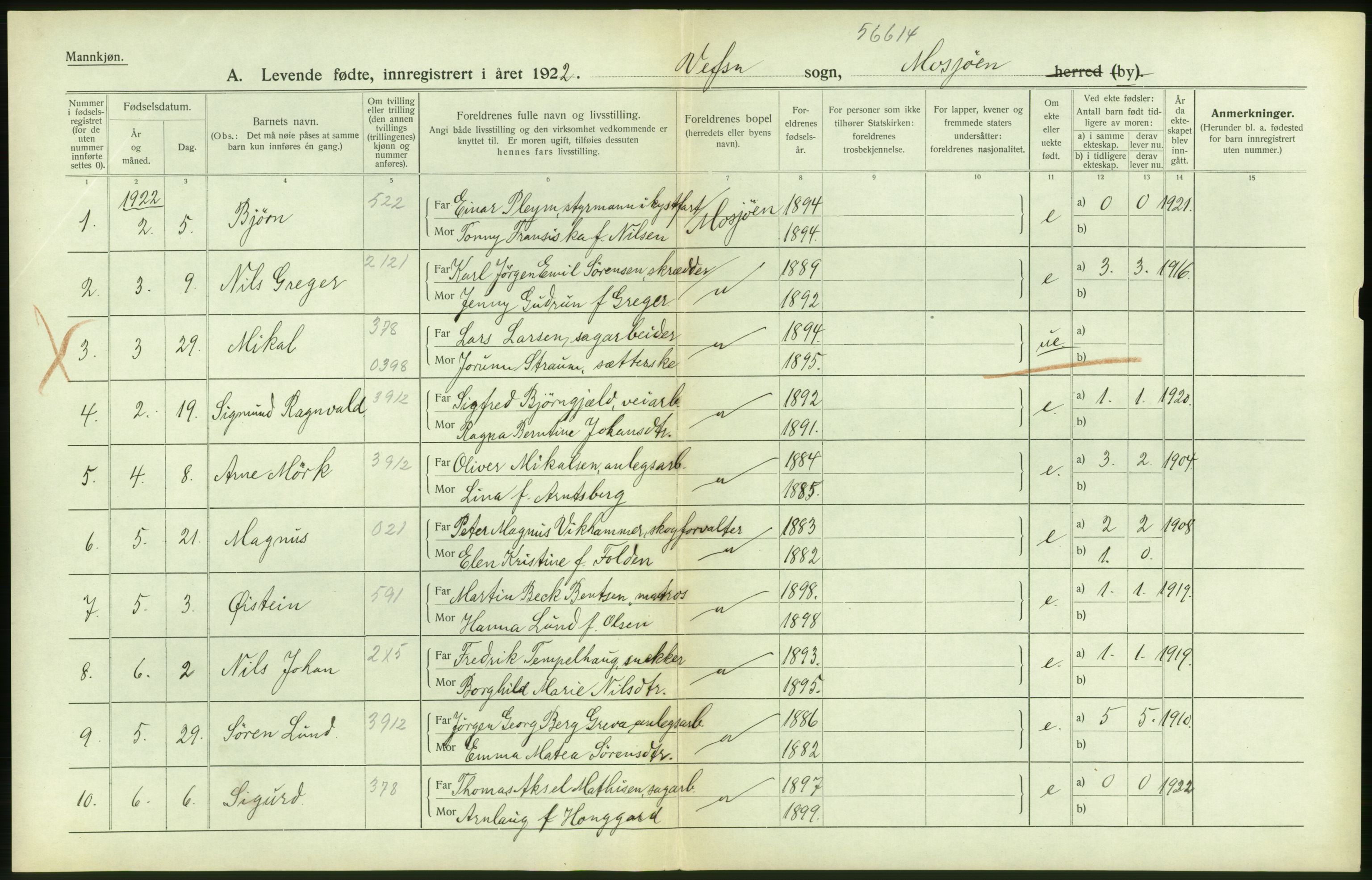 Statistisk sentralbyrå, Sosiodemografiske emner, Befolkning, AV/RA-S-2228/D/Df/Dfc/Dfcb/L0044: Nordland fylke: Levendefødte menn og kvinner. Bygder og byer., 1922, p. 48