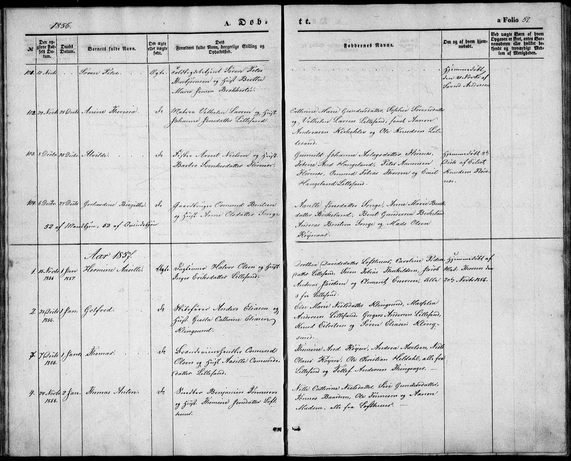 Vestre Moland sokneprestkontor, SAK/1111-0046/F/Fb/Fbb/L0003: Parish register (copy) no. B 3, 1851-1861, p. 57