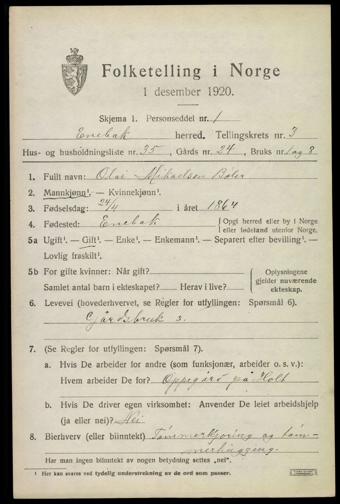 SAO, 1920 census for Enebakk, 1920, p. 3129