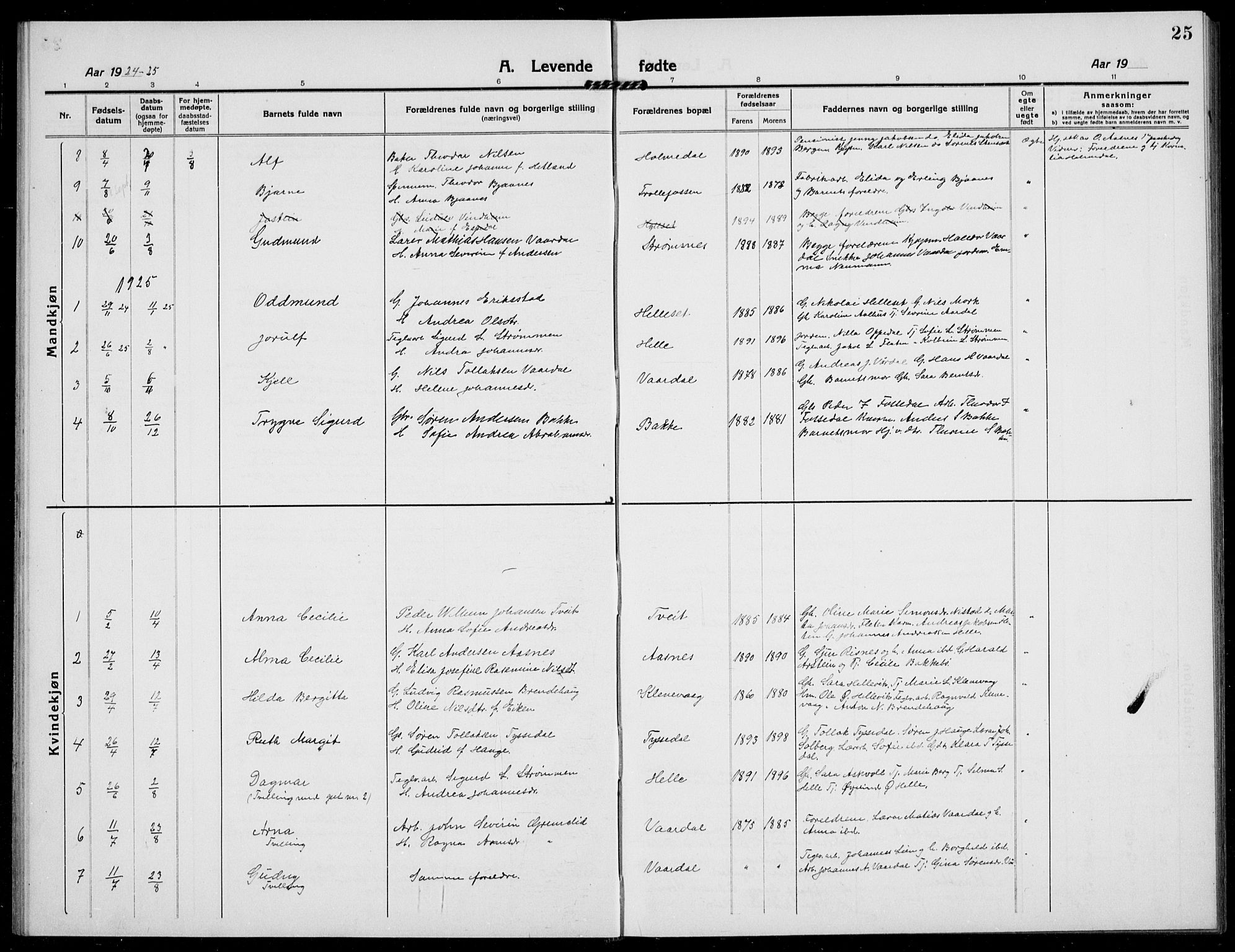 Fjaler sokneprestembete, AV/SAB-A-79801/H/Hab/Habb/L0003: Parish register (copy) no. B 3, 1913-1940, p. 25