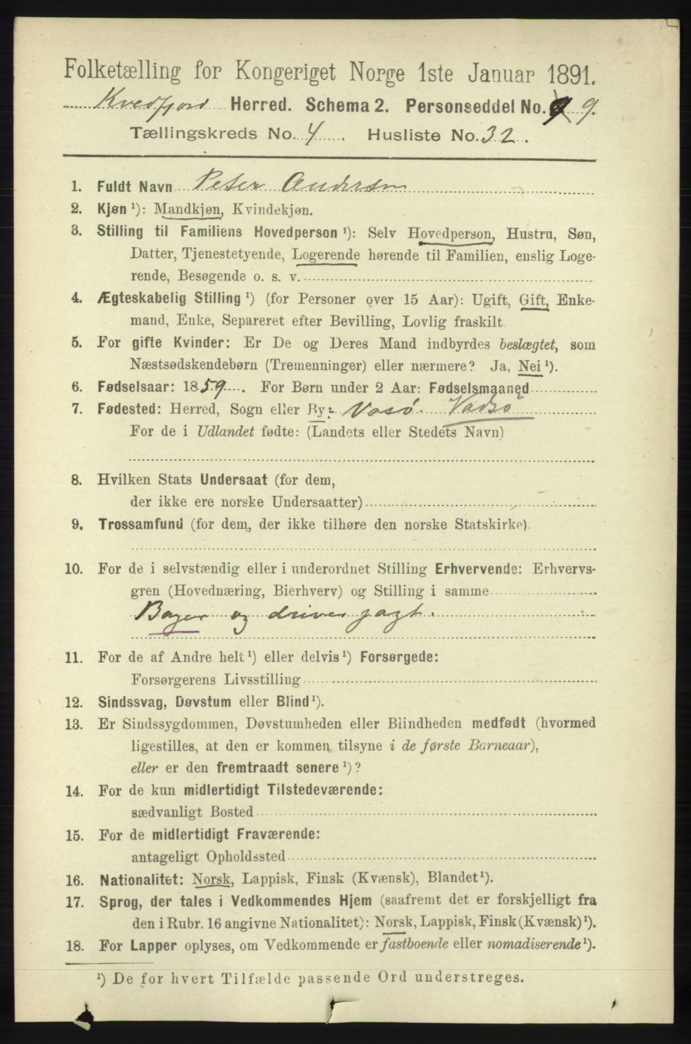 RA, 1891 census for 1911 Kvæfjord, 1891, p. 2107