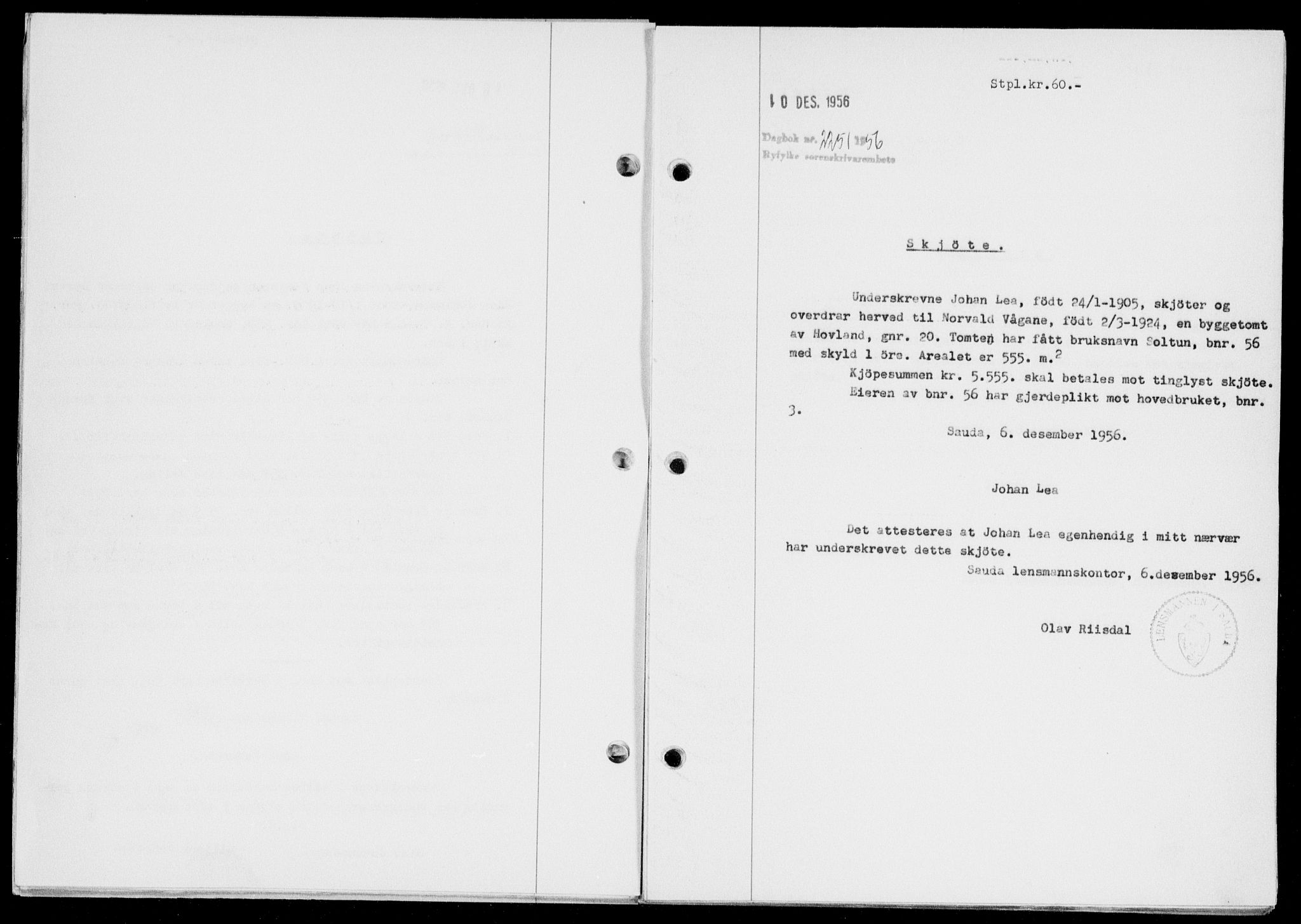 Ryfylke tingrett, SAST/A-100055/001/II/IIB/L0135: Mortgage book no. 114, 1956-1957, Diary no: : 2251/1956