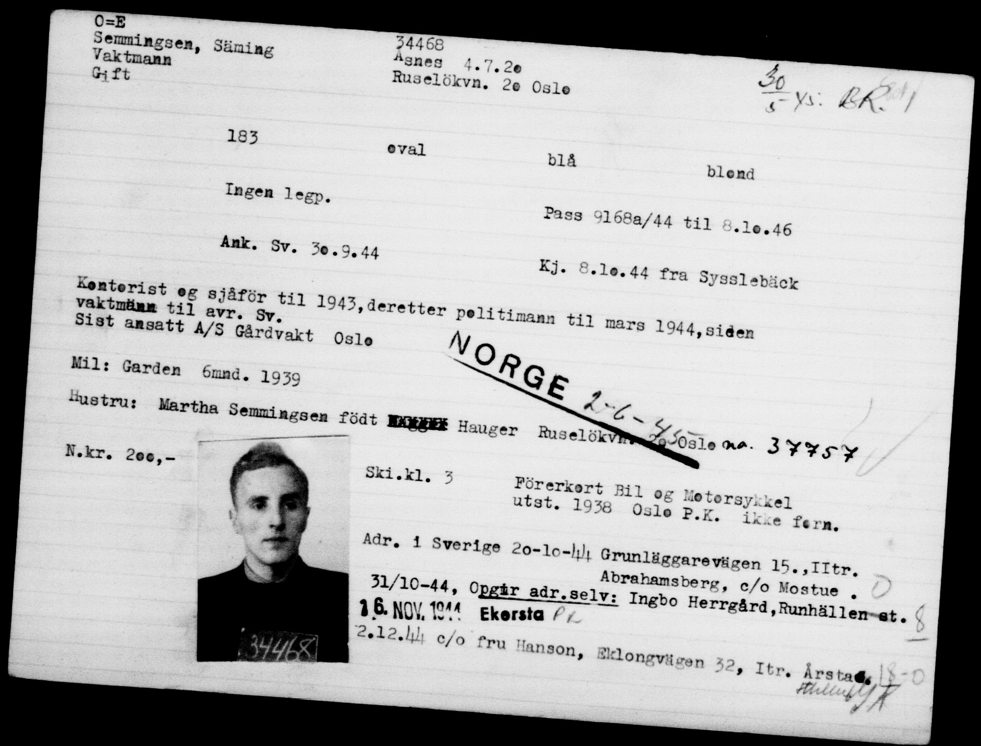 Utenriksstasjonene, Legasjonen i Stockholm, Flyktningkontoret, AV/RA-S-6753/V/Va/L0013: Kjesäterkartoteket, flyktninger med registreringsnr. 31500-34731, 1940-1945, p. 3126
