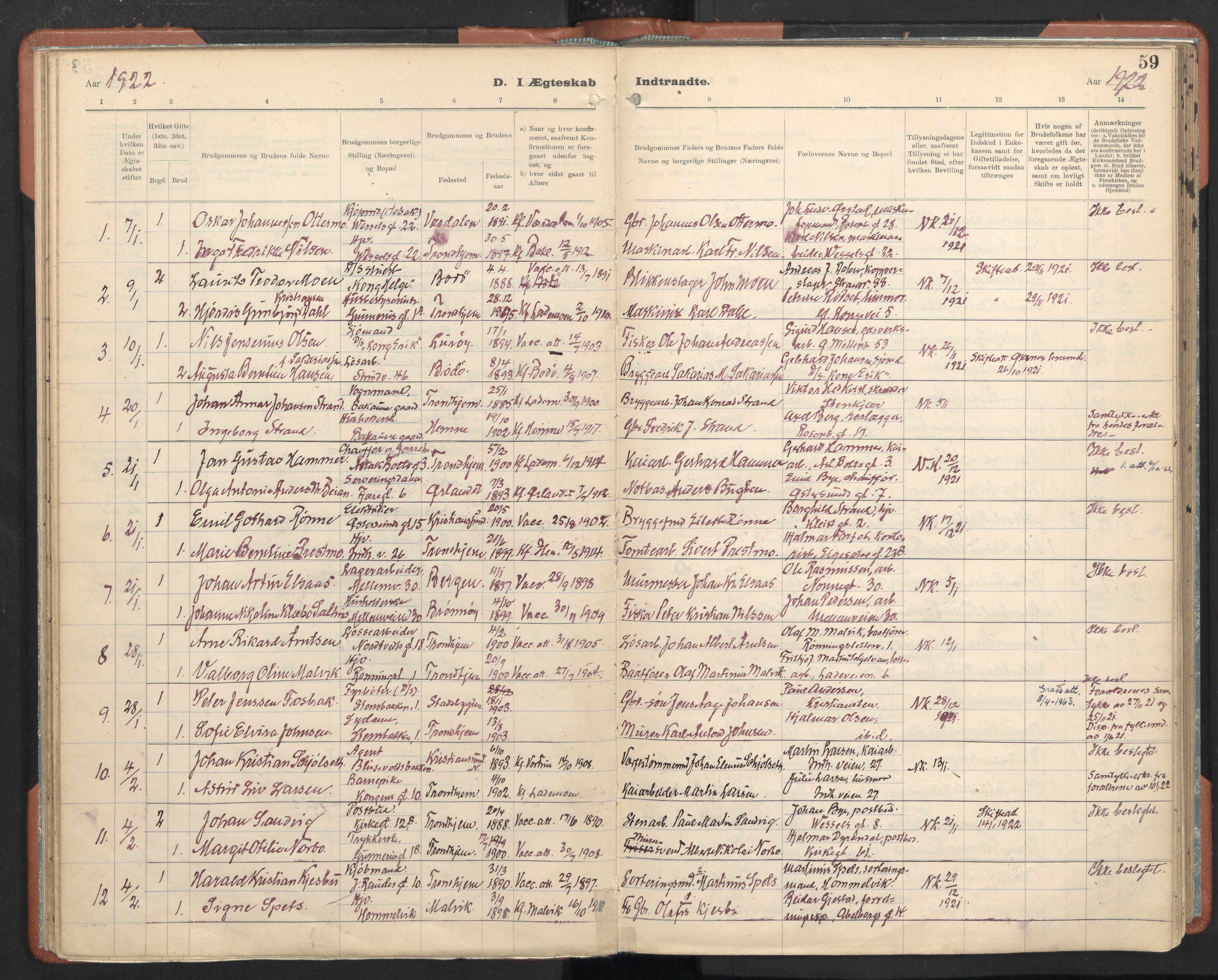 Ministerialprotokoller, klokkerbøker og fødselsregistre - Sør-Trøndelag, SAT/A-1456/605/L0245: Parish register (official) no. 605A07, 1916-1938, p. 59