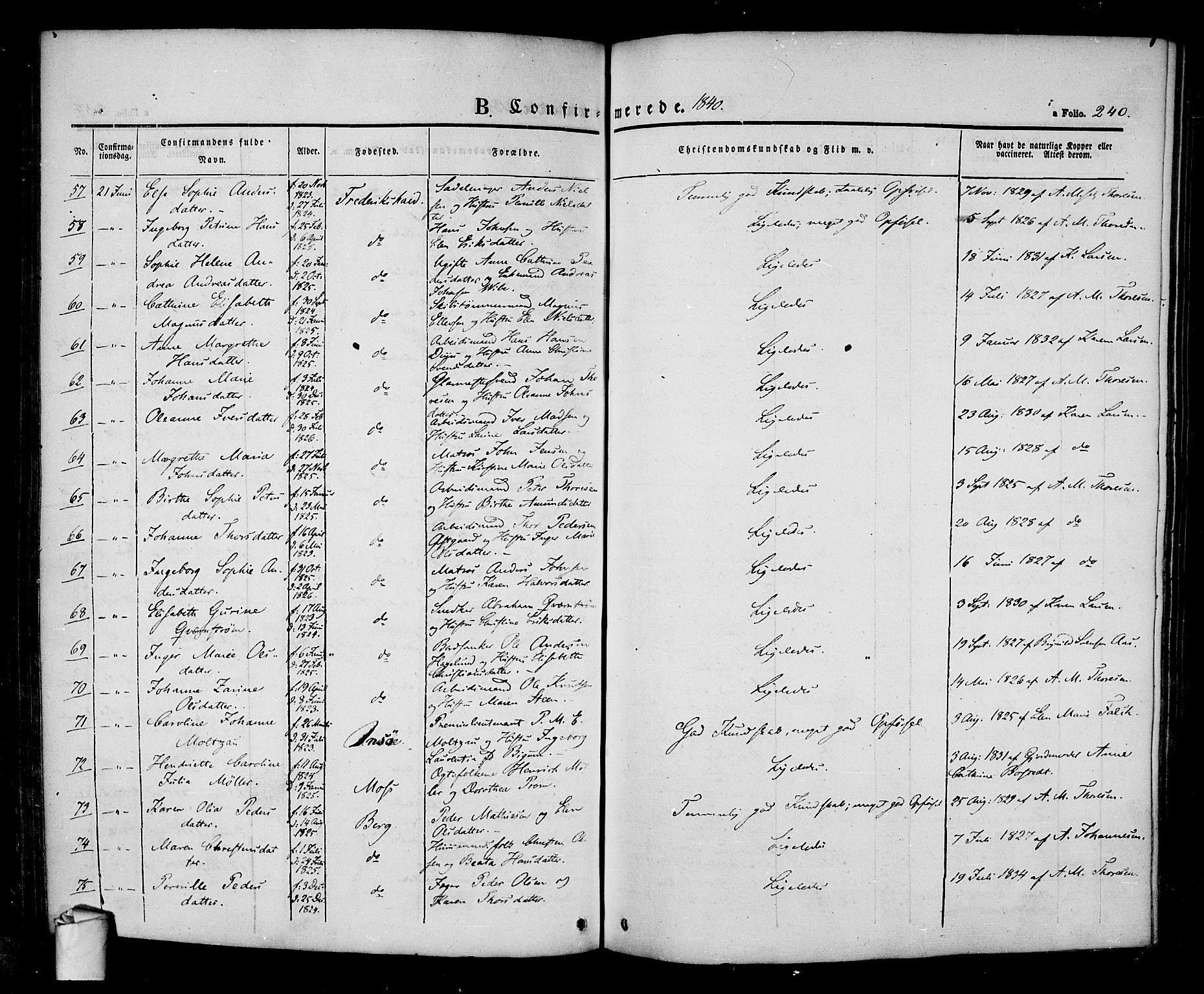 Halden prestekontor Kirkebøker, AV/SAO-A-10909/F/Fa/L0005: Parish register (official) no. I 5, 1834-1845, p. 240