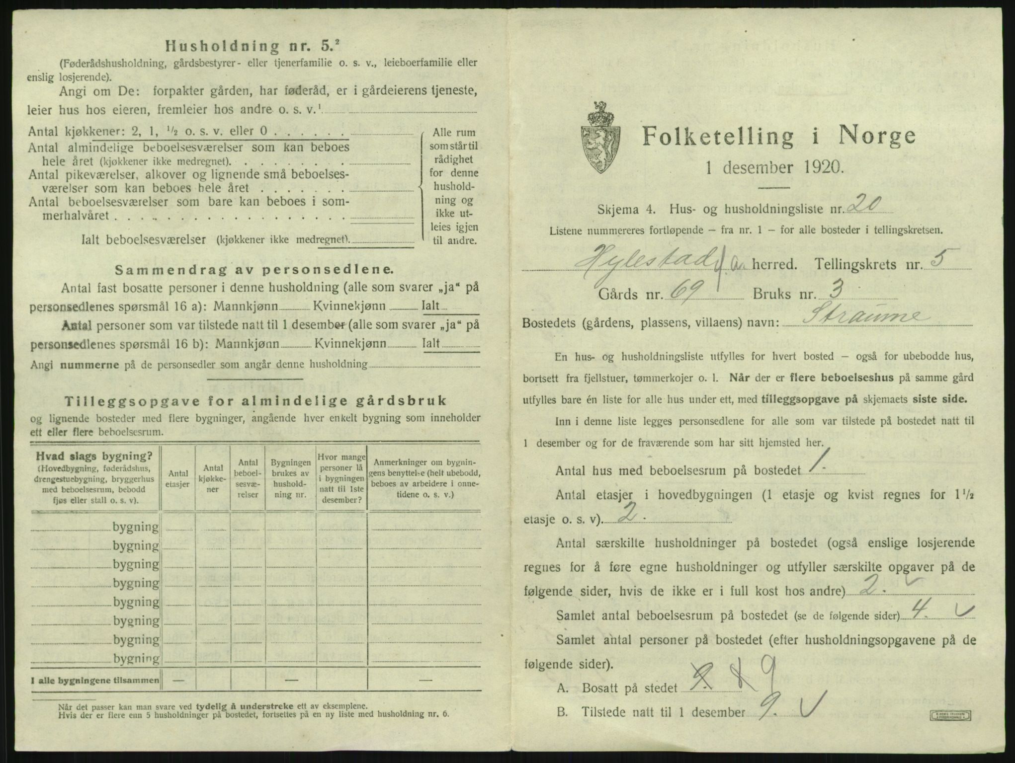 SAK, 1920 census for Hylestad, 1920, p. 274