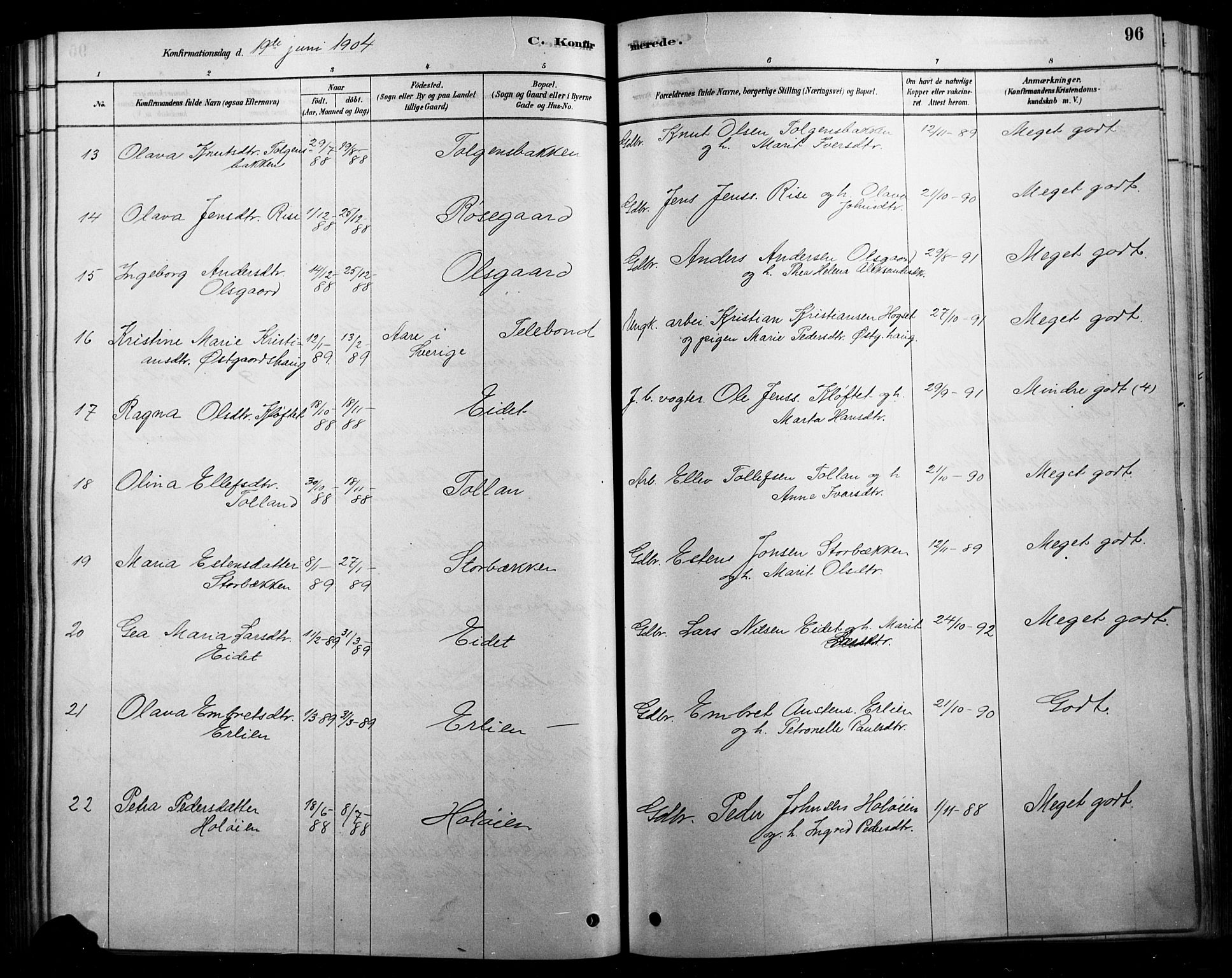 Tolga prestekontor, SAH/PREST-062/L/L0007: Parish register (copy) no. 7, 1878-1919, p. 96