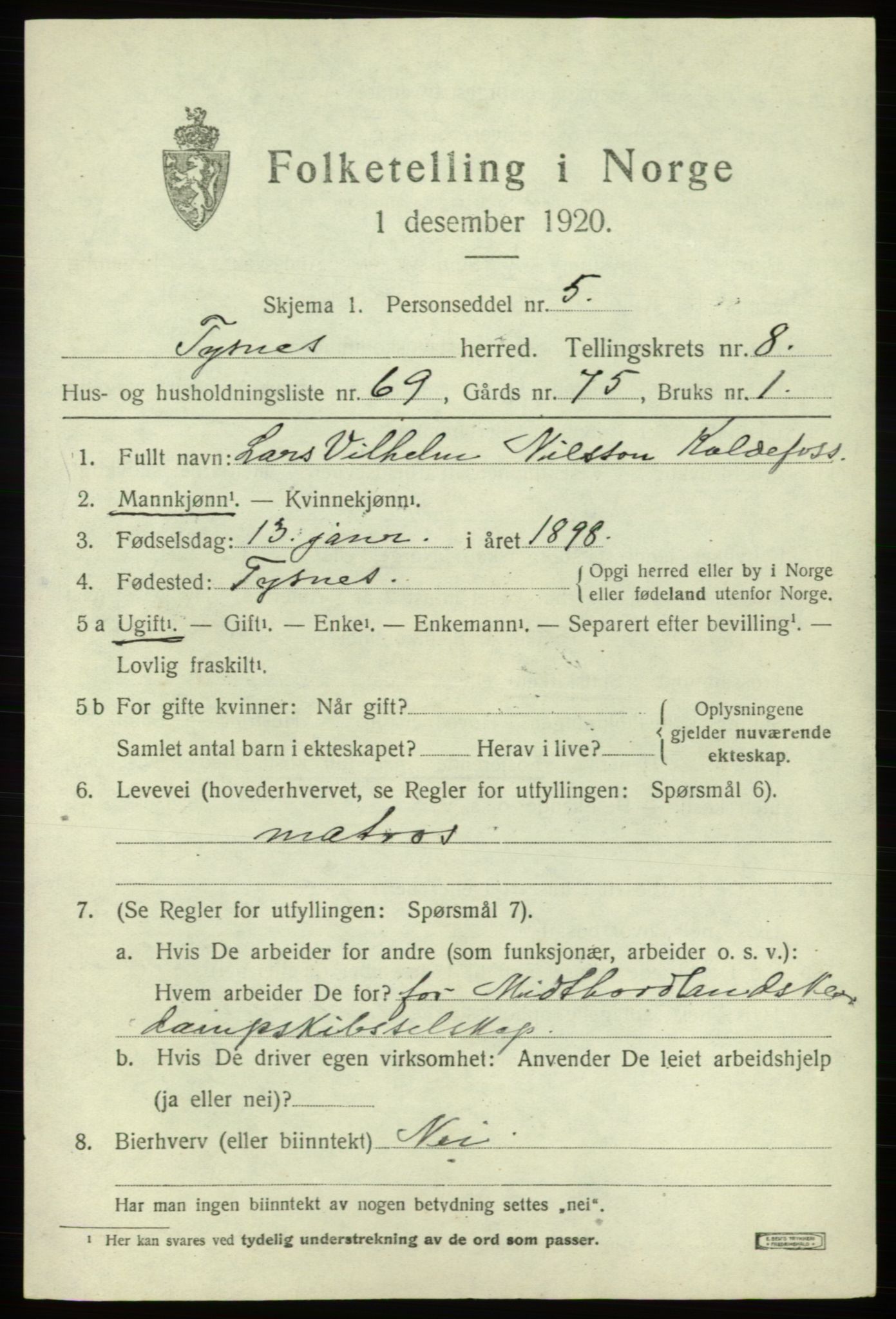 SAB, 1920 census for Tysnes, 1920, p. 6154