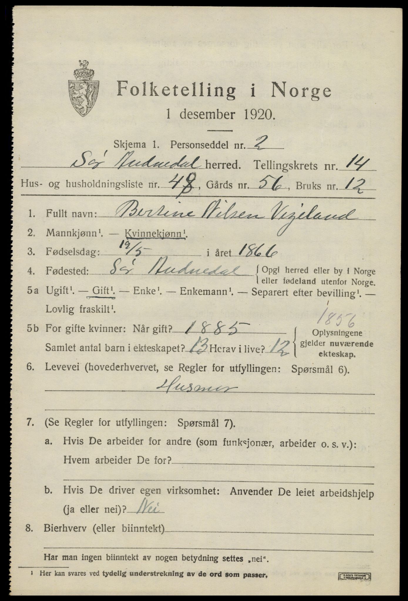 SAK, 1920 census for Sør-Audnedal, 1920, p. 5619