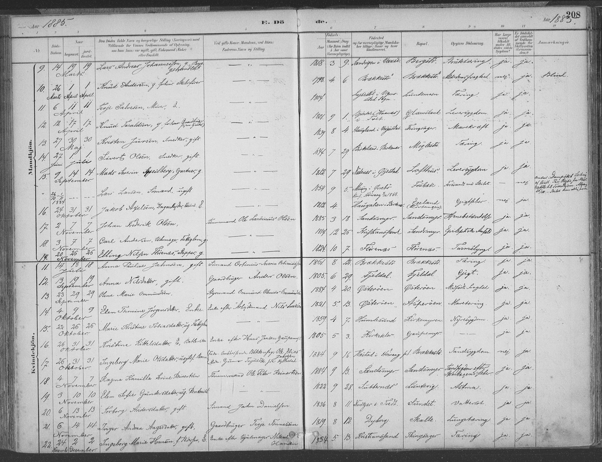 Vestre Moland sokneprestkontor, SAK/1111-0046/F/Fa/Fab/L0009: Parish register (official) no. A 9, 1884-1899, p. 208