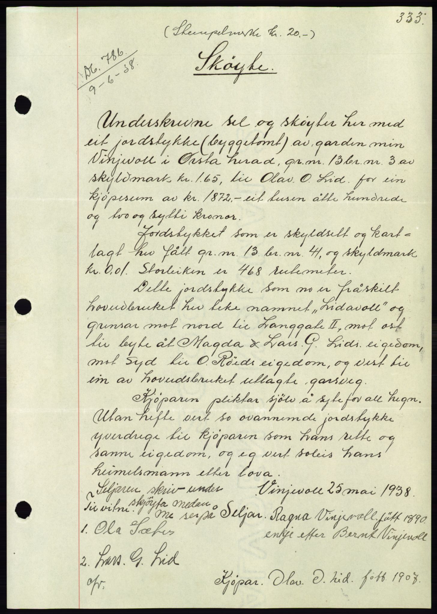 Søre Sunnmøre sorenskriveri, AV/SAT-A-4122/1/2/2C/L0065: Mortgage book no. 59, 1938-1938, Diary no: : 786/1938