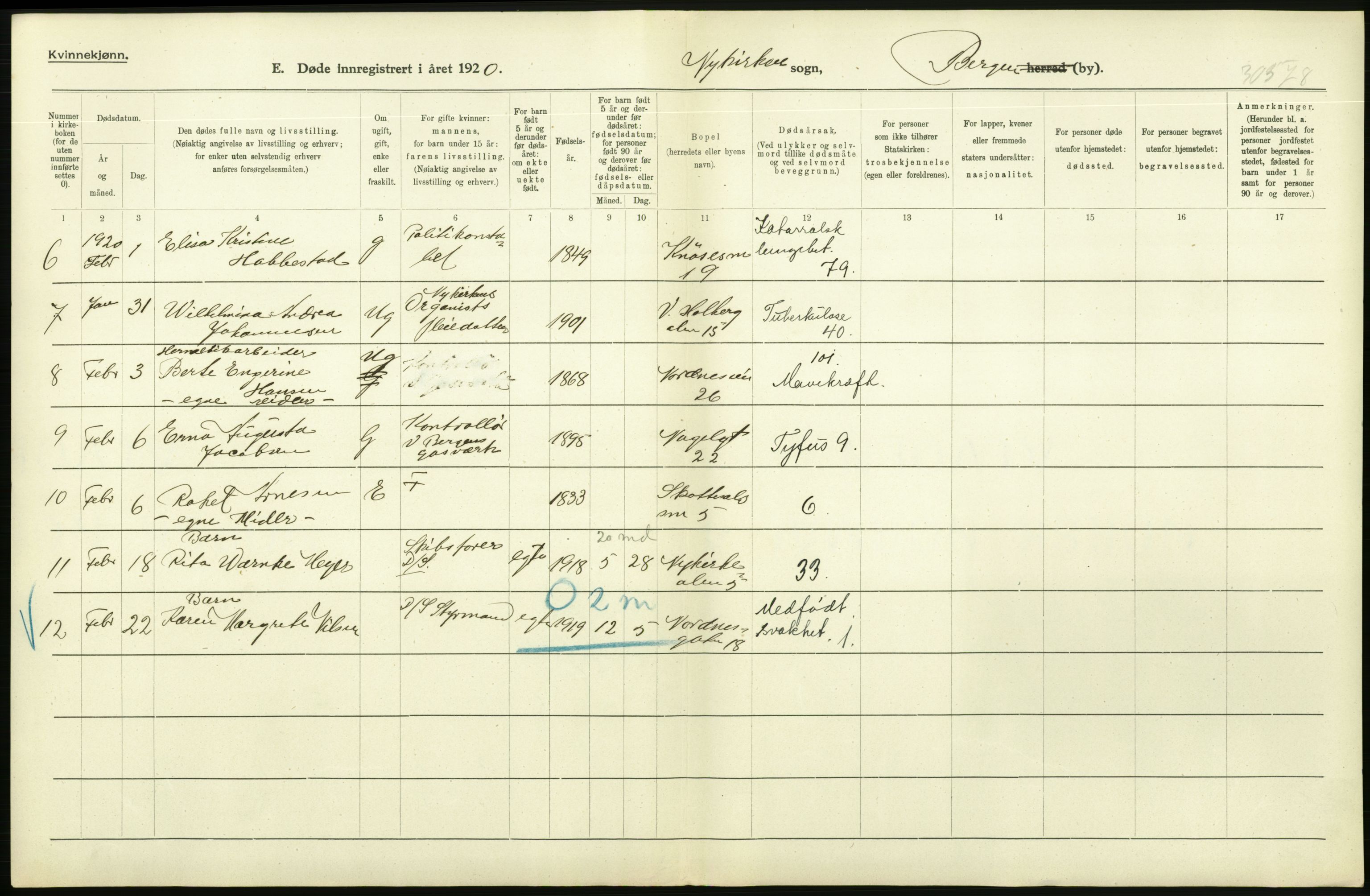 Statistisk sentralbyrå, Sosiodemografiske emner, Befolkning, AV/RA-S-2228/D/Df/Dfb/Dfbj/L0042: Bergen: Gifte, døde, dødfødte., 1920, p. 564