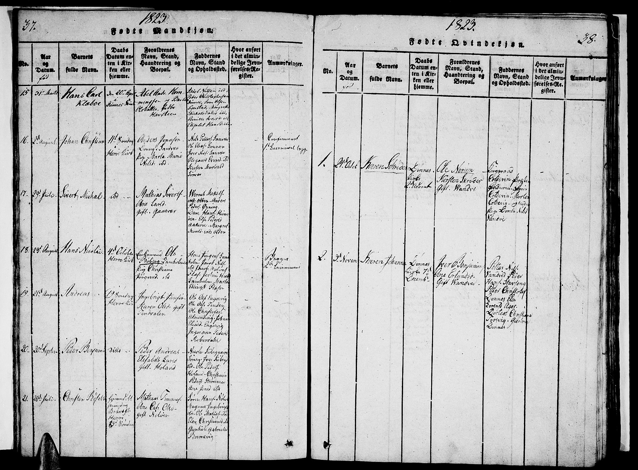 Ministerialprotokoller, klokkerbøker og fødselsregistre - Nordland, AV/SAT-A-1459/834/L0510: Parish register (copy) no. 834C01, 1820-1847, p. 37-38