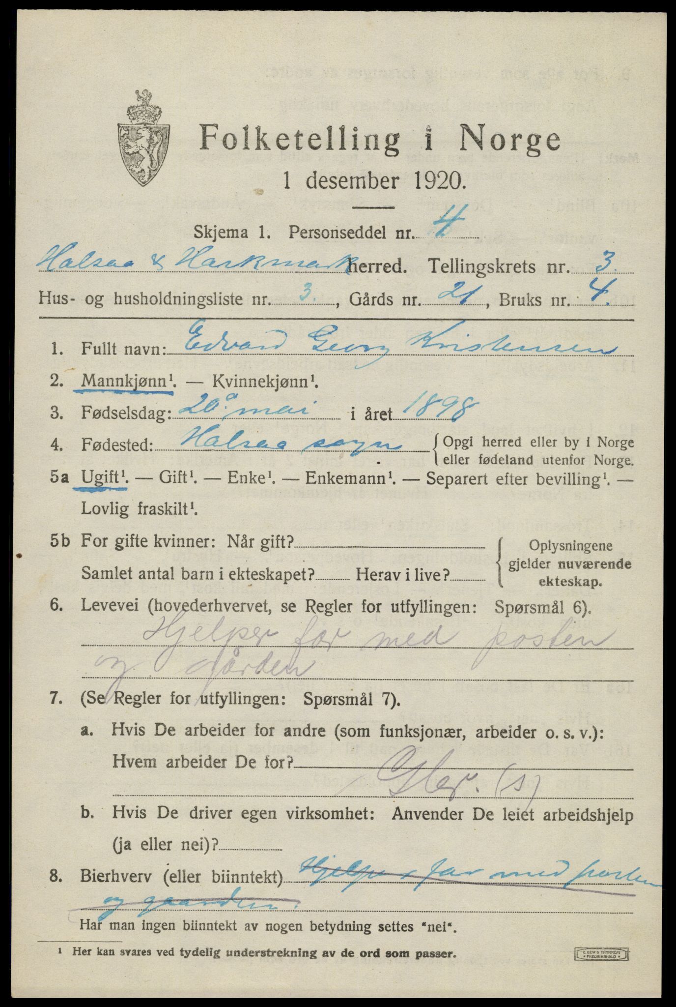 SAK, 1920 census for Halse og Harkmark, 1920, p. 2443