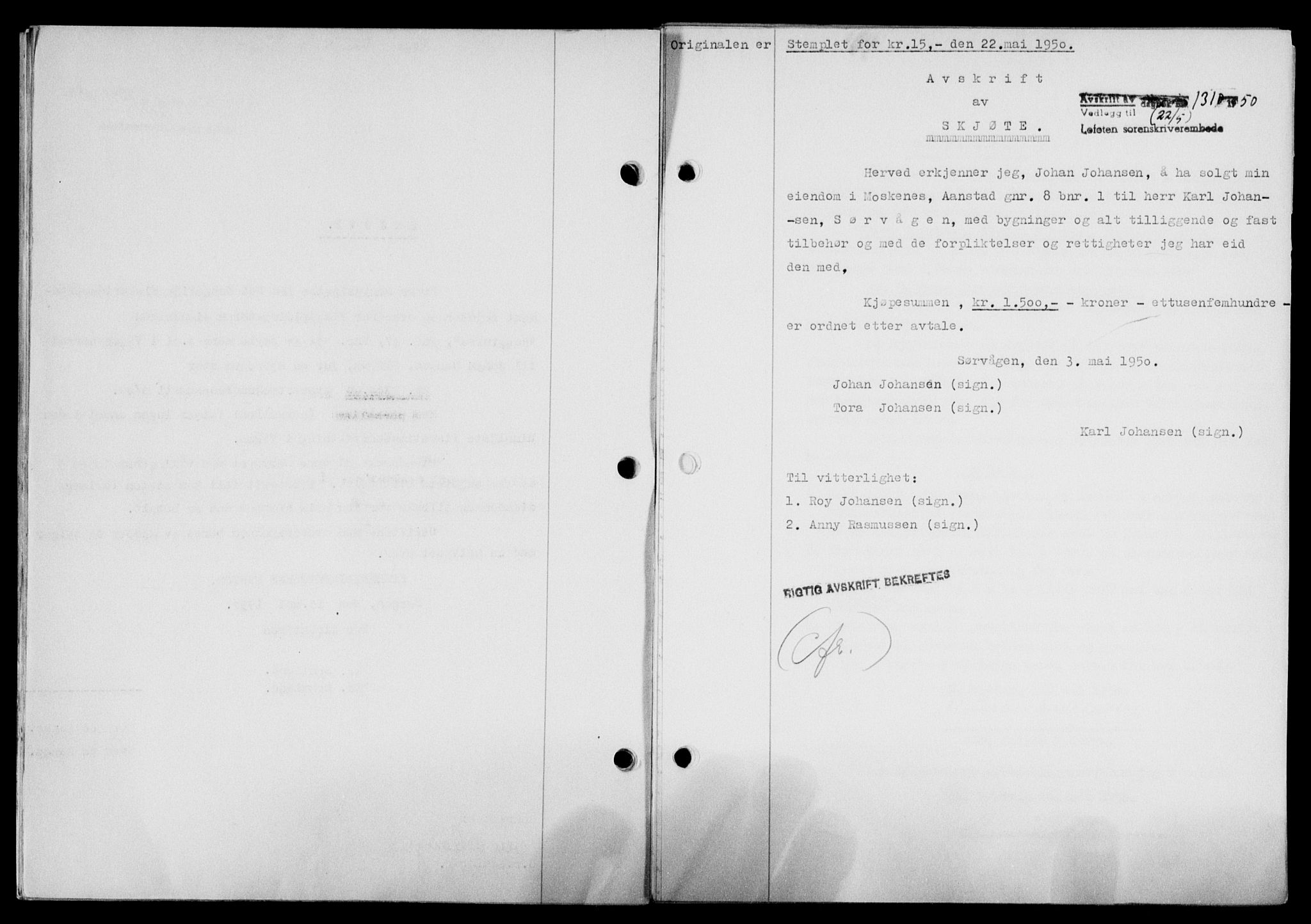 Lofoten sorenskriveri, SAT/A-0017/1/2/2C/L0023a: Mortgage book no. 23a, 1950-1950, Diary no: : 1310/1950