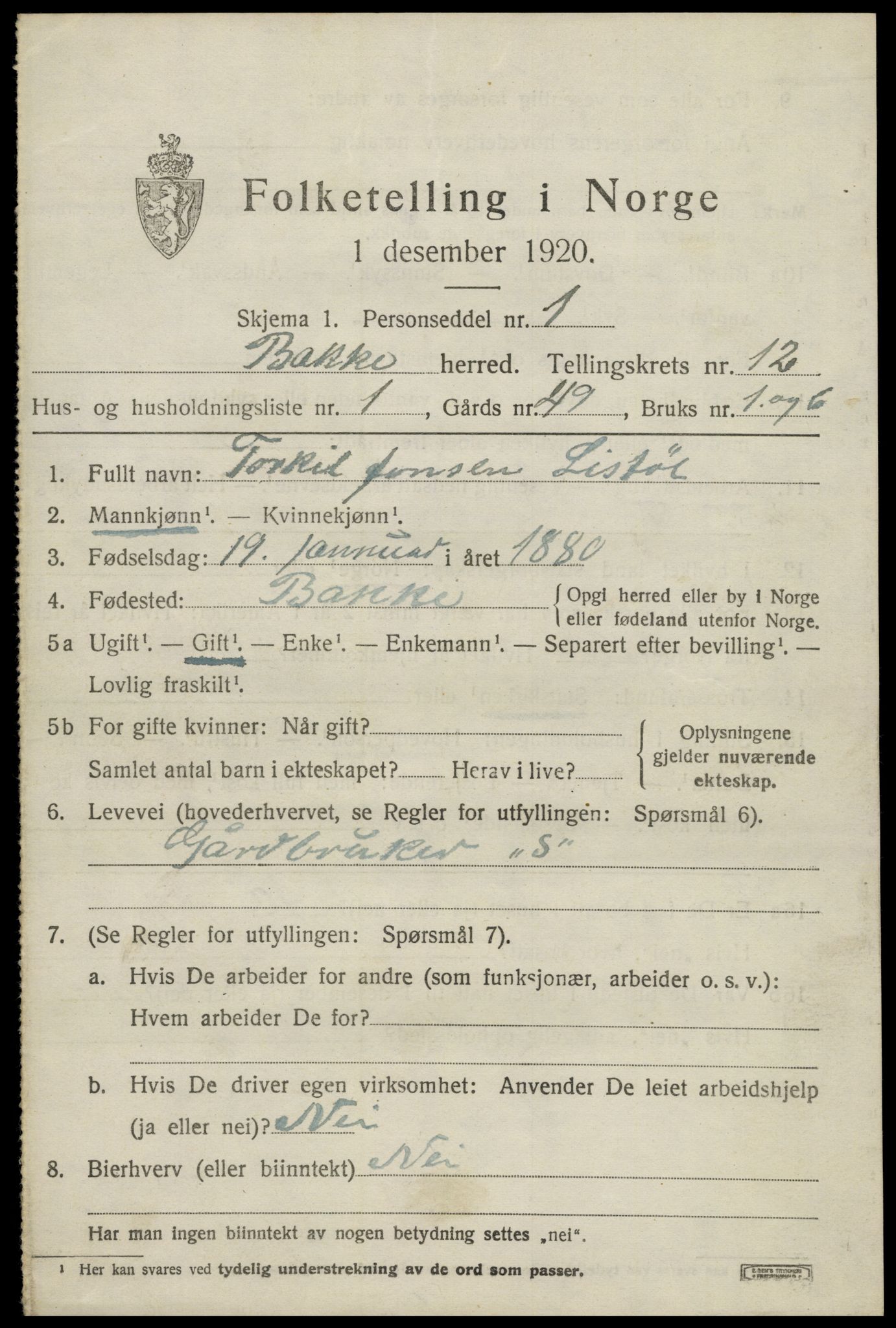 SAK, 1920 census for Bakke, 1920, p. 3118