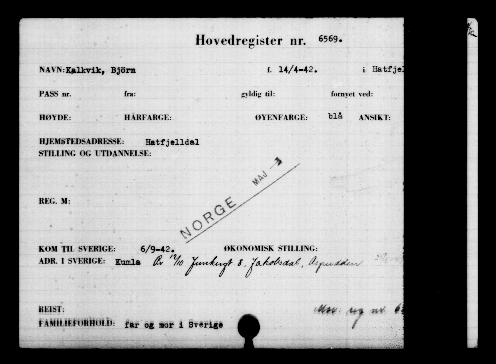Utenriksstasjonene, Legasjonen i Stockholm, Flyktningkontoret, AV/RA-S-6753/V/Va/L0004: Kjesäterkartoteket, flyktninger med registreringsnr. 3496-6610, 1940-1945, p. 3633