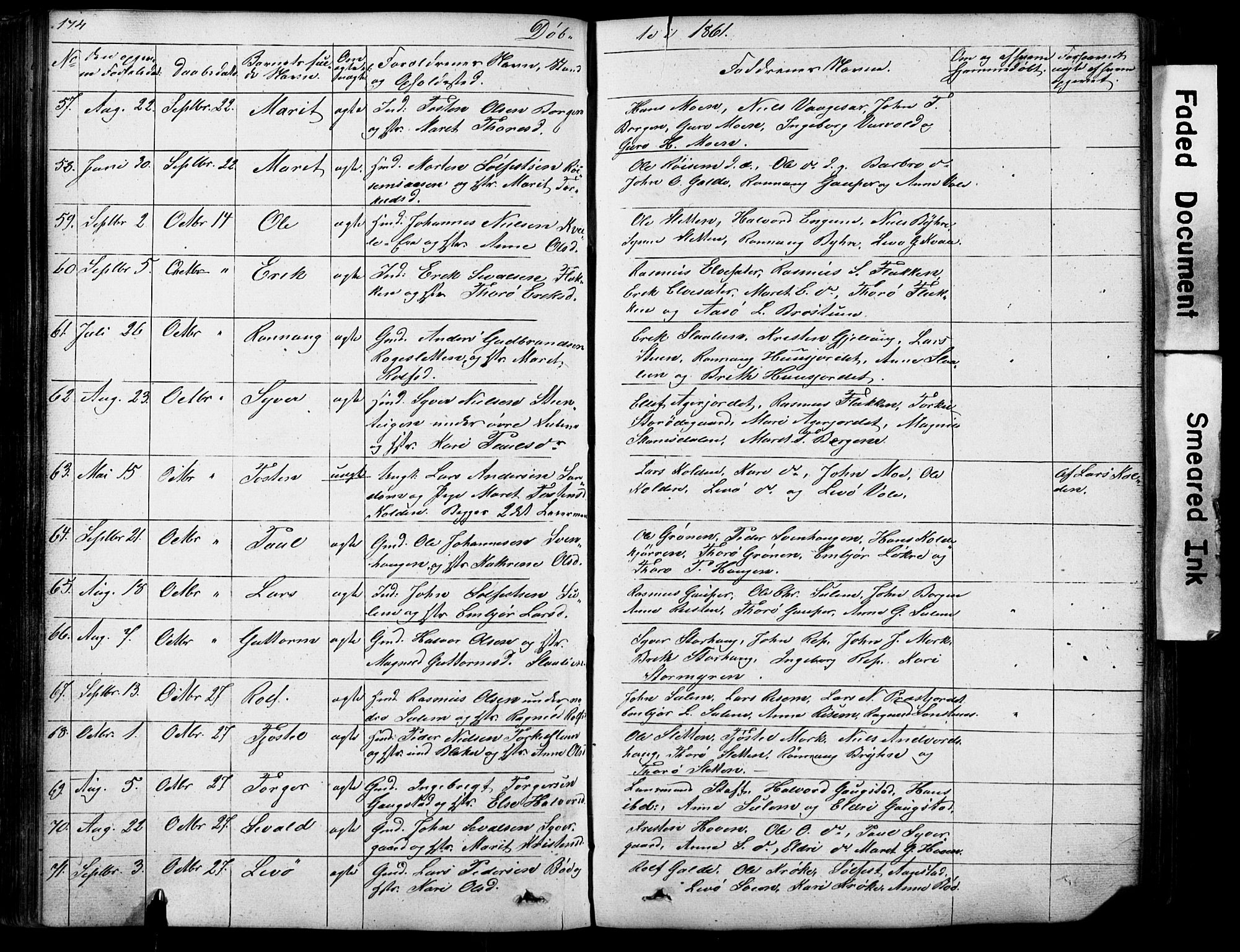 Lom prestekontor, SAH/PREST-070/L/L0012: Parish register (copy) no. 12, 1845-1873, p. 174-175