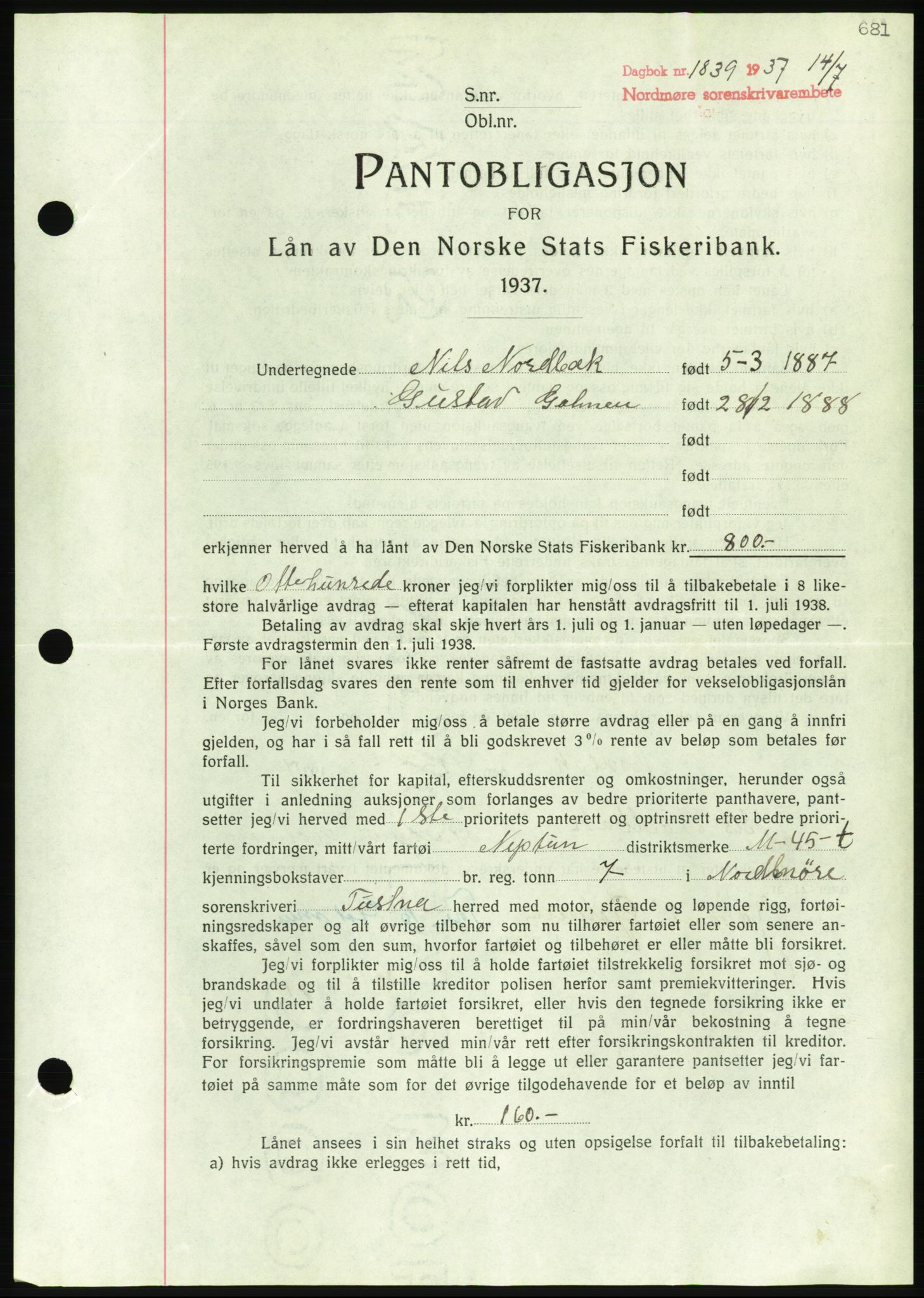 Nordmøre sorenskriveri, AV/SAT-A-4132/1/2/2Ca/L0091: Mortgage book no. B81, 1937-1937, Diary no: : 1839/1937