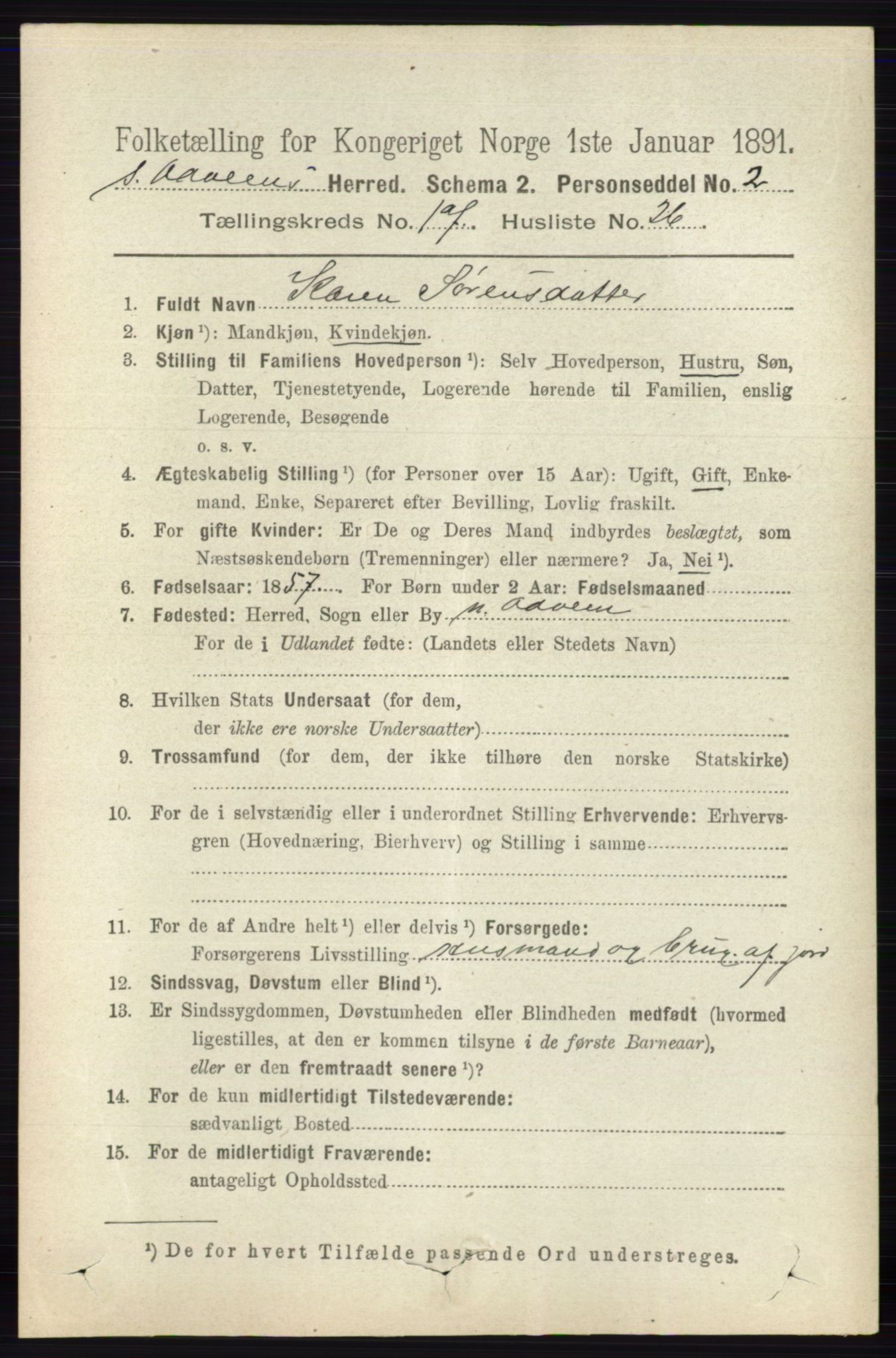 RA, 1891 census for 0419 Sør-Odal, 1891, p. 8013