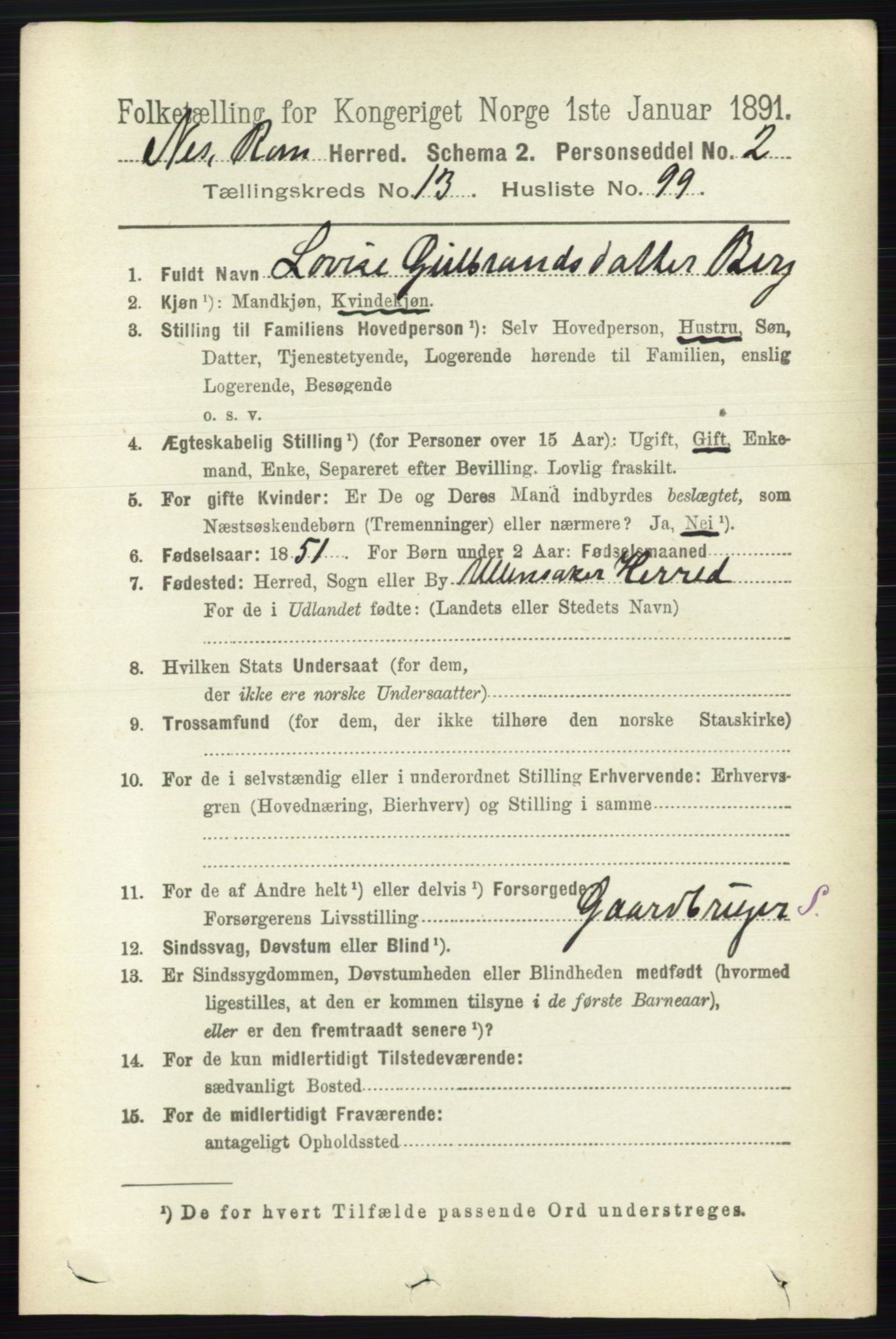 RA, 1891 census for 0236 Nes, 1891, p. 8405