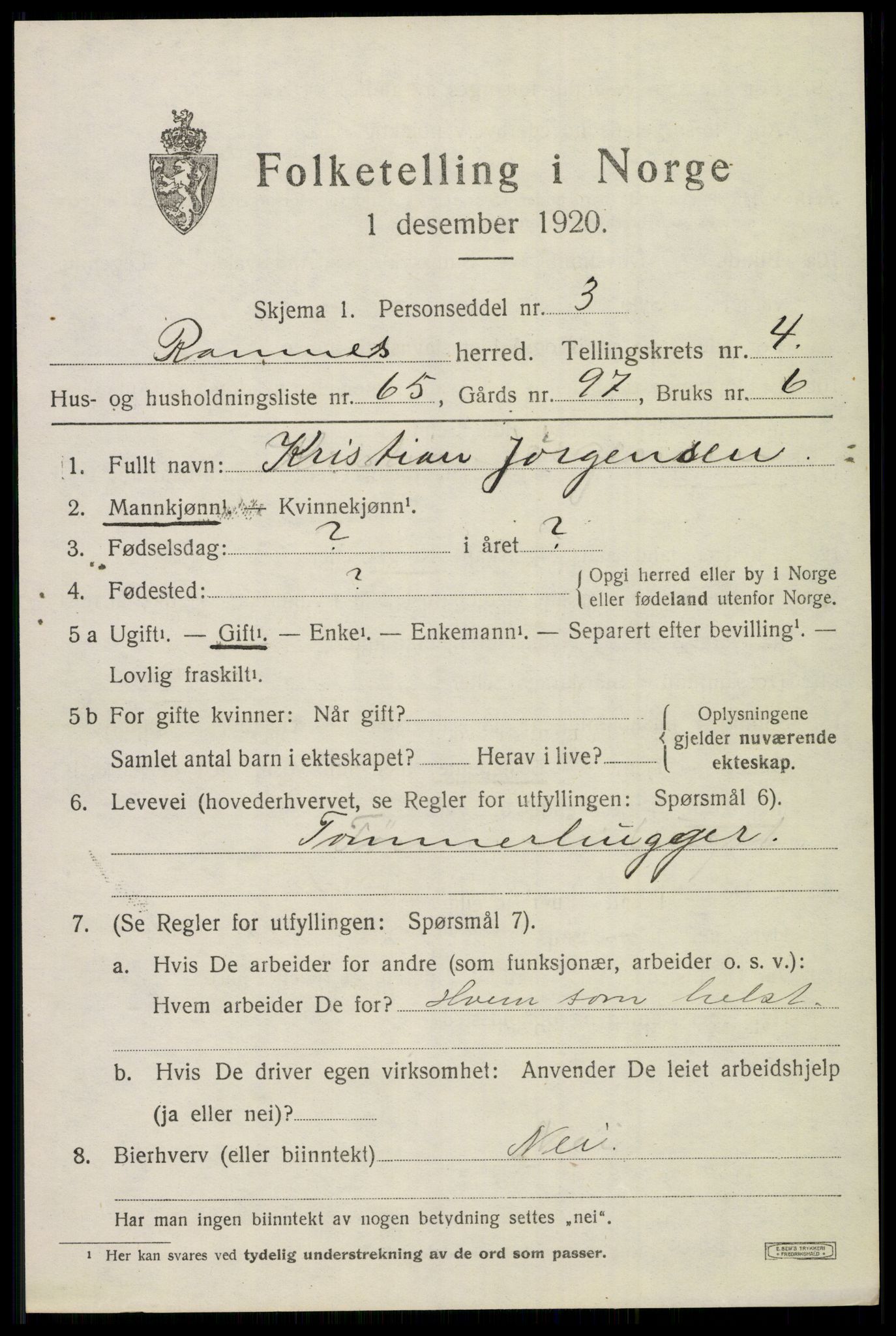 SAKO, 1920 census for Ramnes, 1920, p. 4970