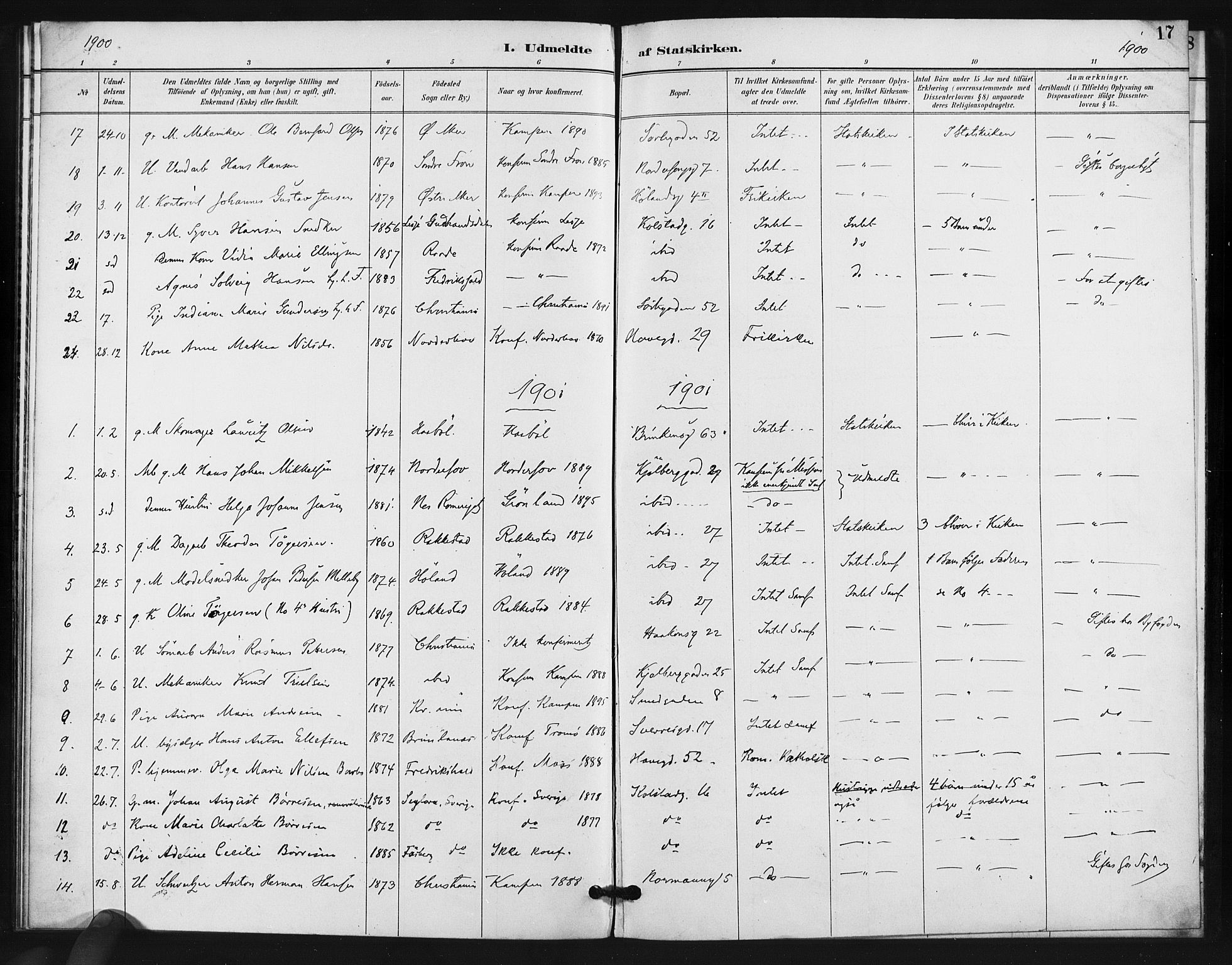 Kampen prestekontor Kirkebøker, AV/SAO-A-10853/F/Fb/L0002: Parish register (official) no. II 2, 1890-1911, p. 17