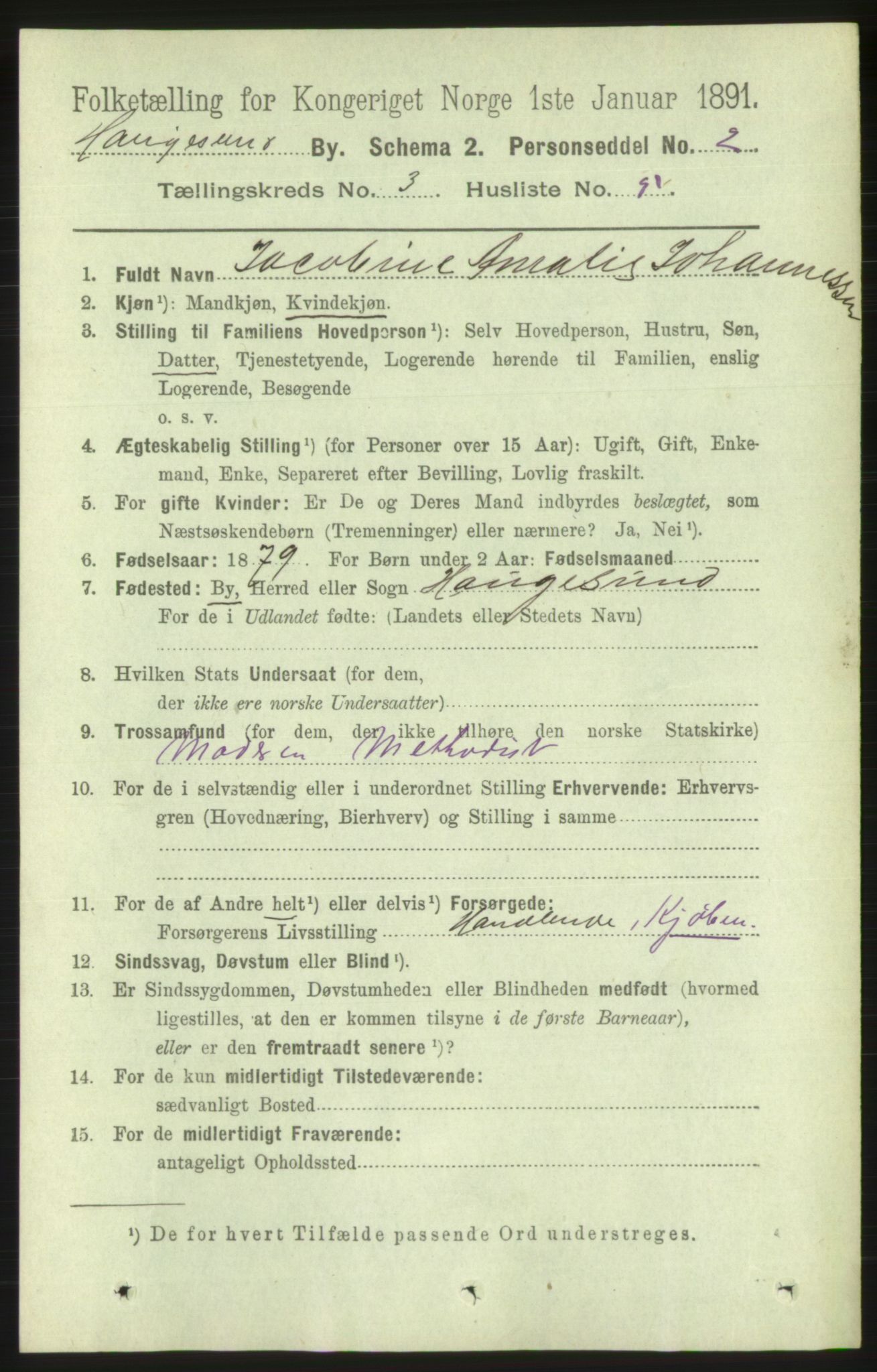 RA, 1891 census for 1106 Haugesund, 1891, p. 1063