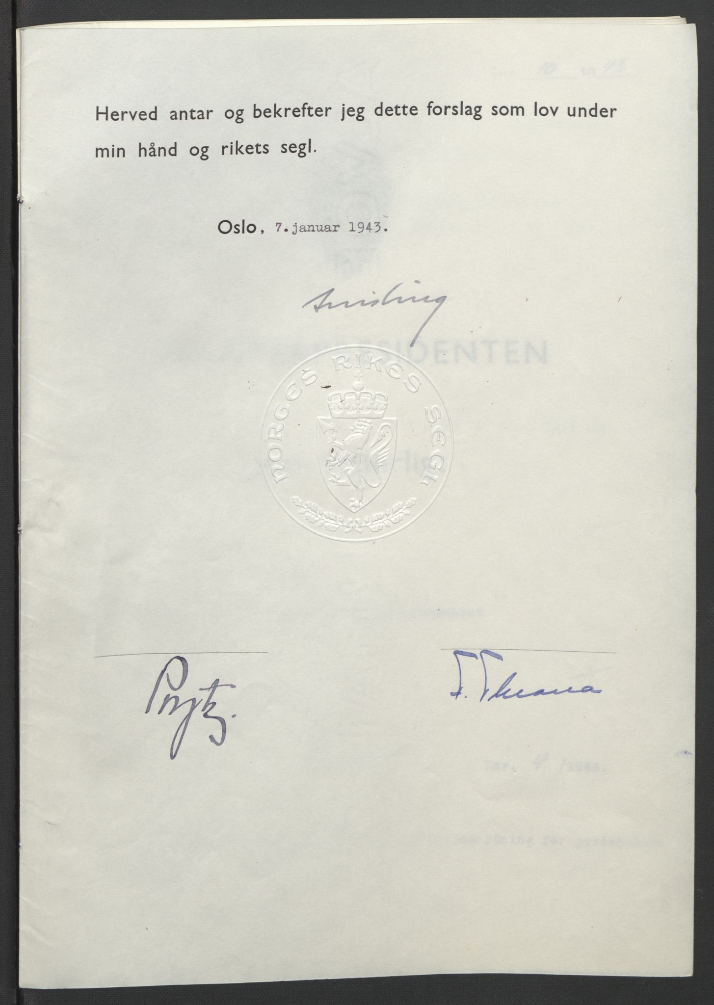 NS-administrasjonen 1940-1945 (Statsrådsekretariatet, de kommisariske statsråder mm), AV/RA-S-4279/D/Db/L0099: Lover, 1943, p. 21