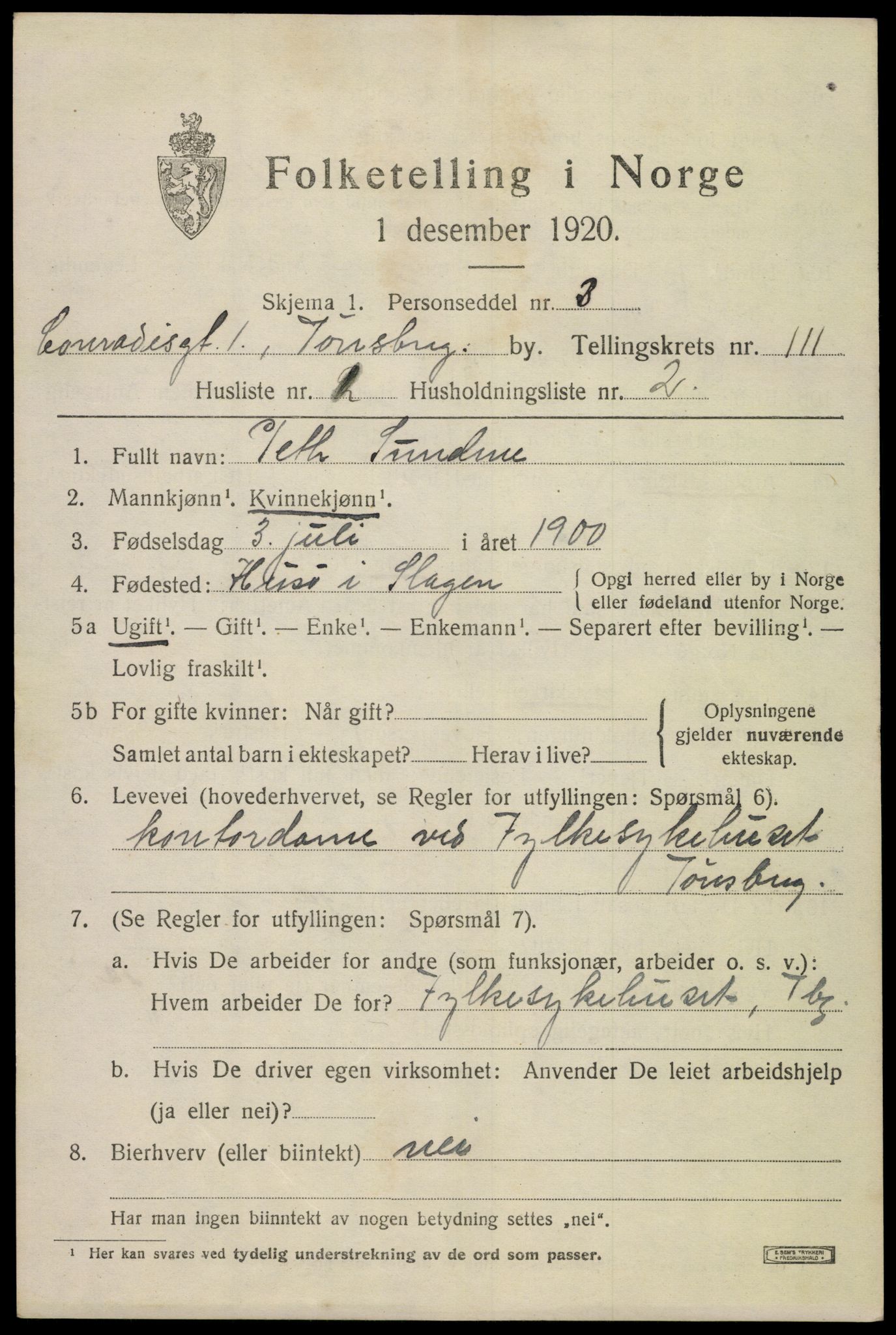 SAKO, 1920 census for Tønsberg, 1920, p. 10885