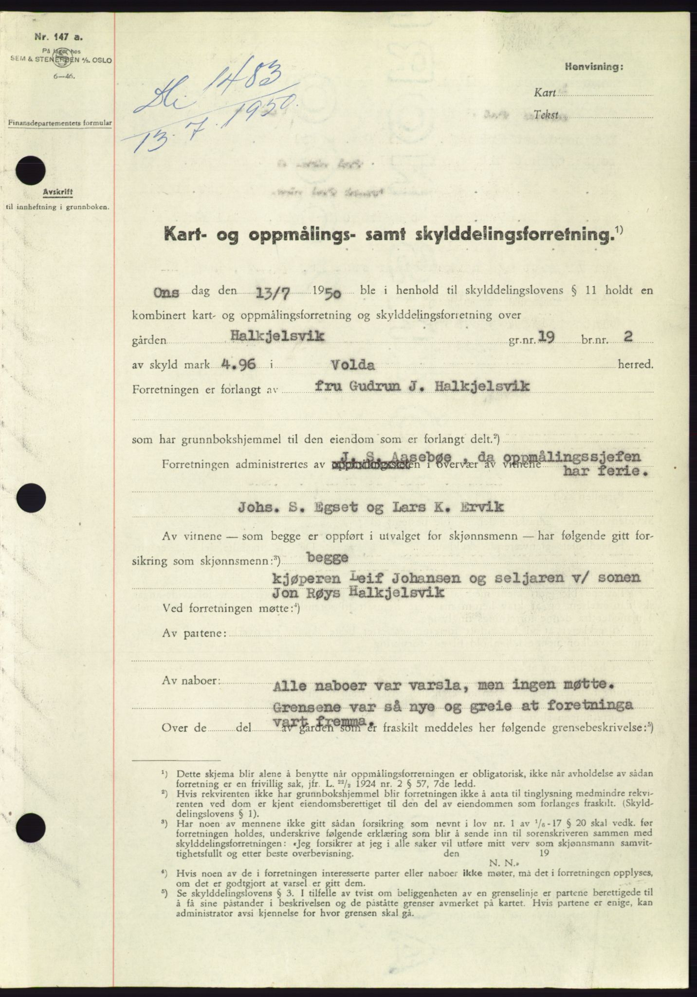 Søre Sunnmøre sorenskriveri, AV/SAT-A-4122/1/2/2C/L0087: Mortgage book no. 13A, 1950-1950, Diary no: : 1483/1950