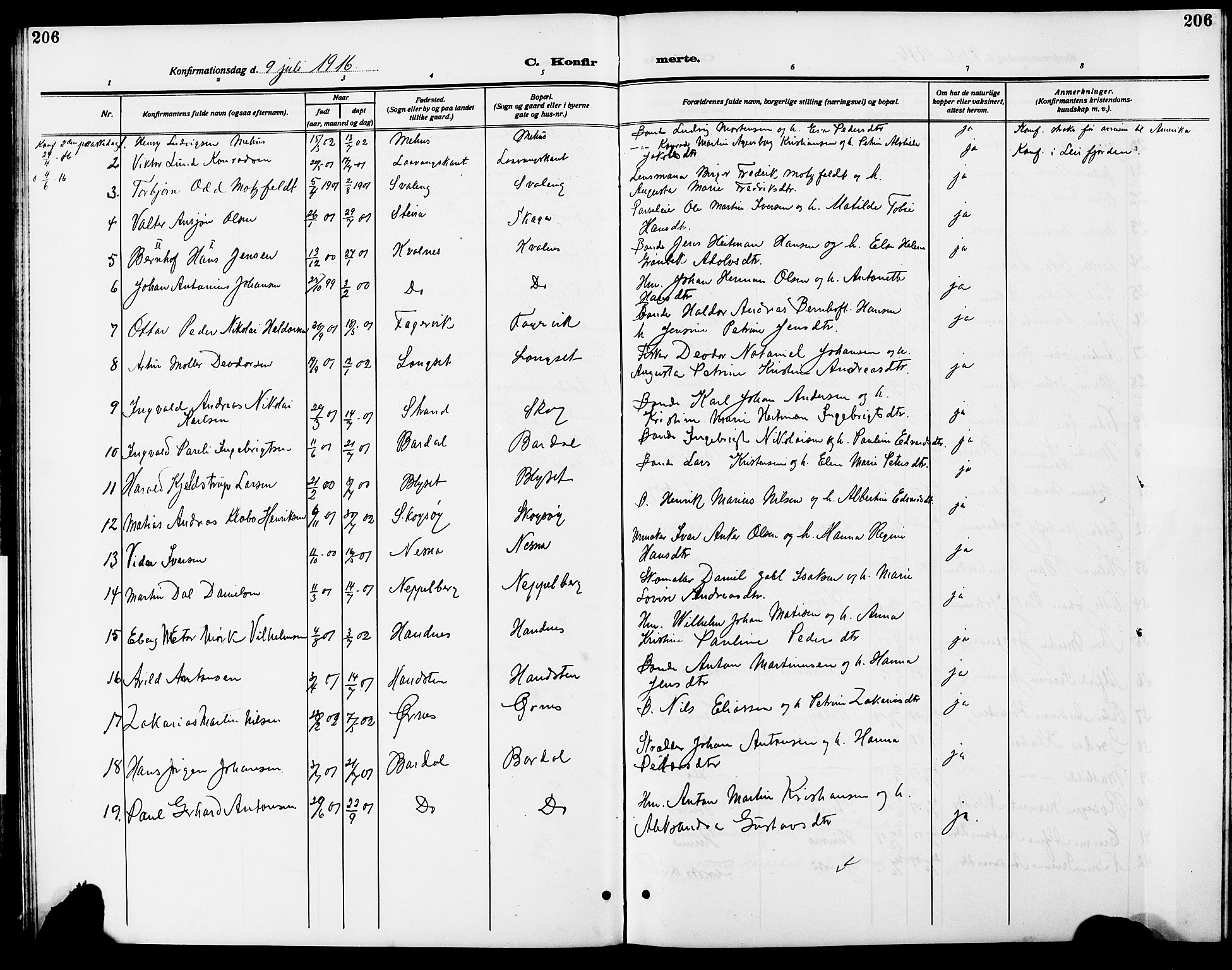 Ministerialprotokoller, klokkerbøker og fødselsregistre - Nordland, SAT/A-1459/838/L0560: Parish register (copy) no. 838C07, 1910-1928, p. 206