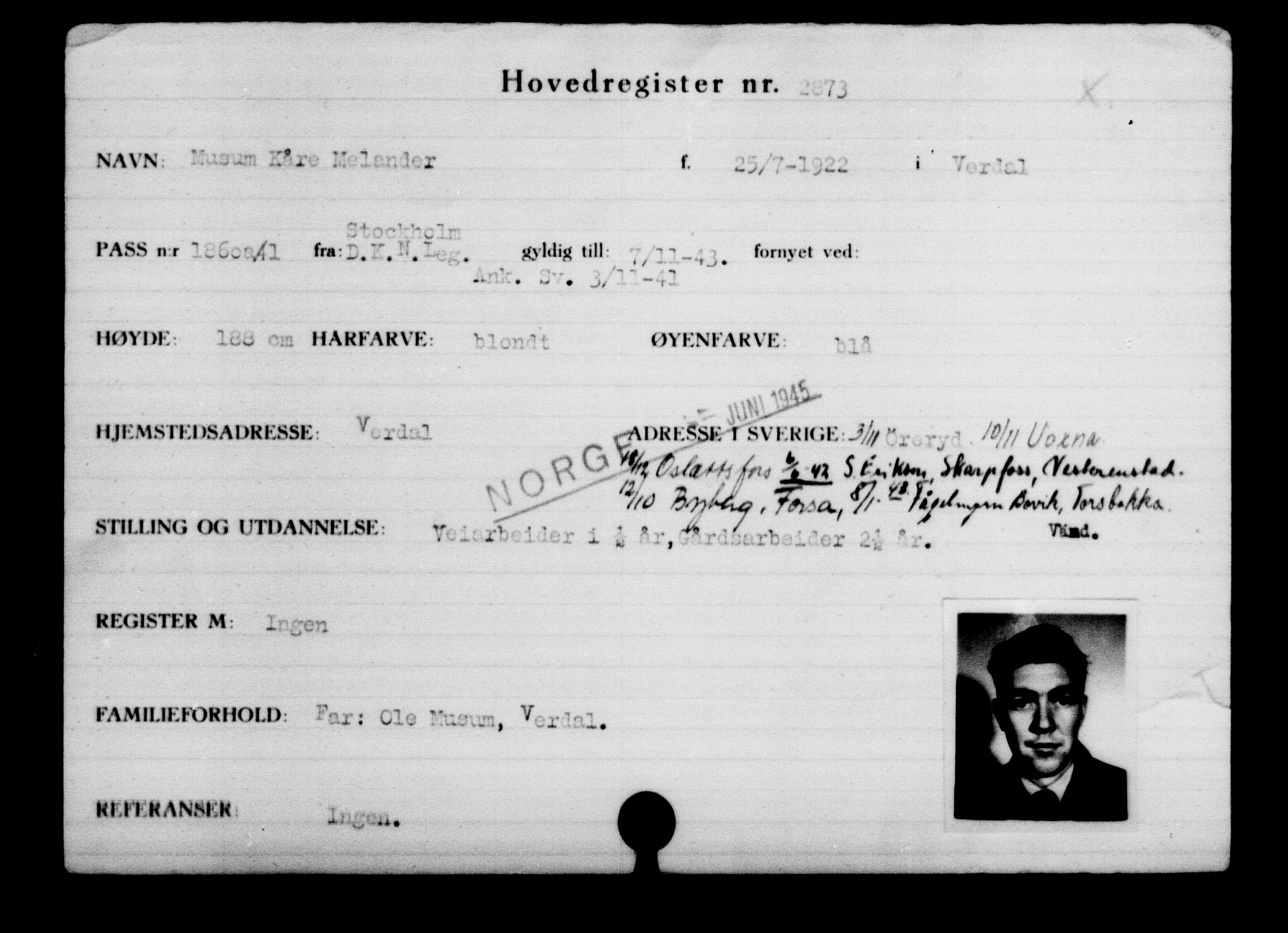 Utenriksstasjonene, Legasjonen i Stockholm, Flyktningkontoret, AV/RA-S-6753/V/Va/L0003: Kjesäterkartoteket, flyktninger med registreringsnr. 2001-3495, 1940-1945, p. 1273