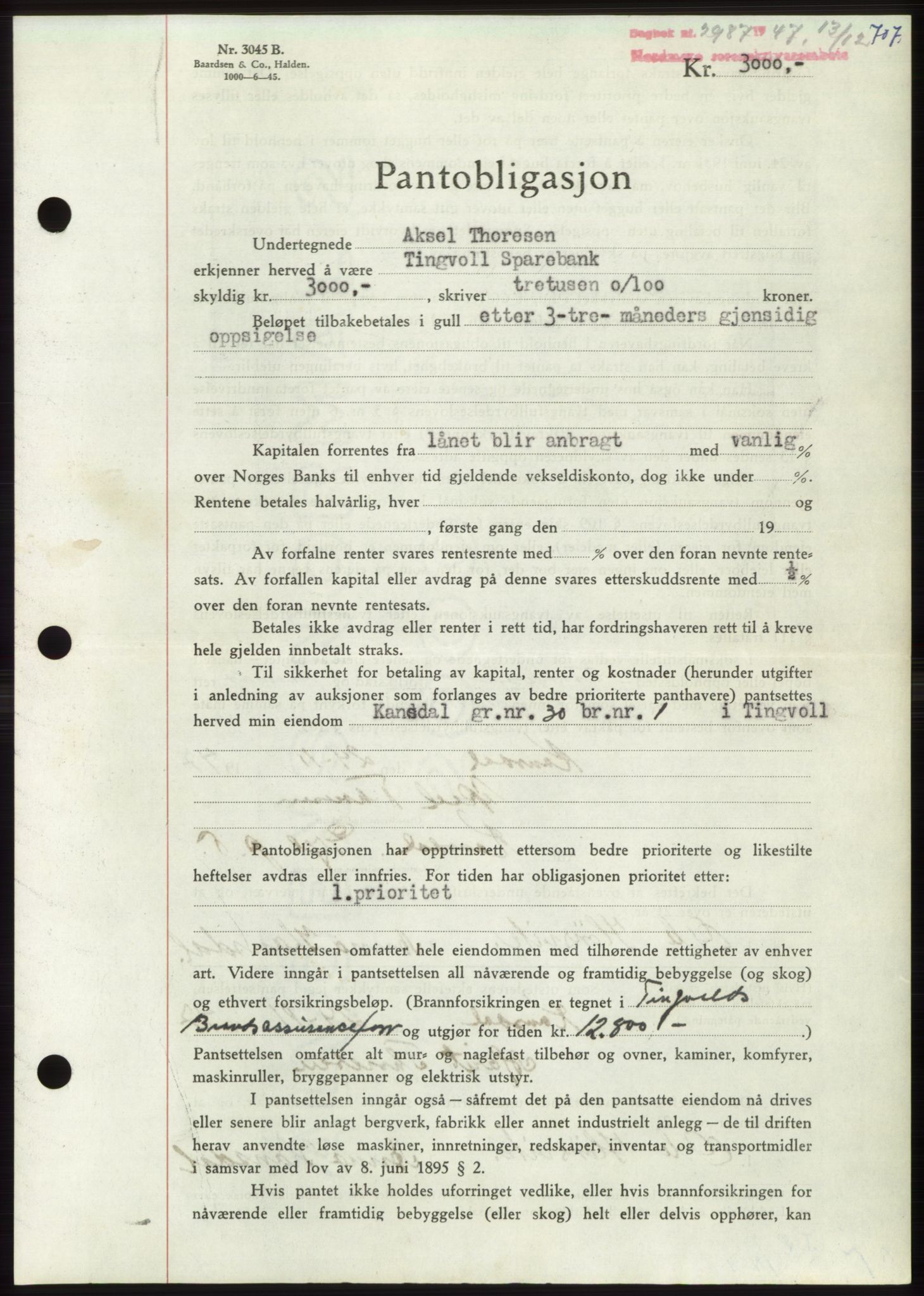 Nordmøre sorenskriveri, AV/SAT-A-4132/1/2/2Ca: Mortgage book no. B97, 1947-1948, Diary no: : 2987/1947