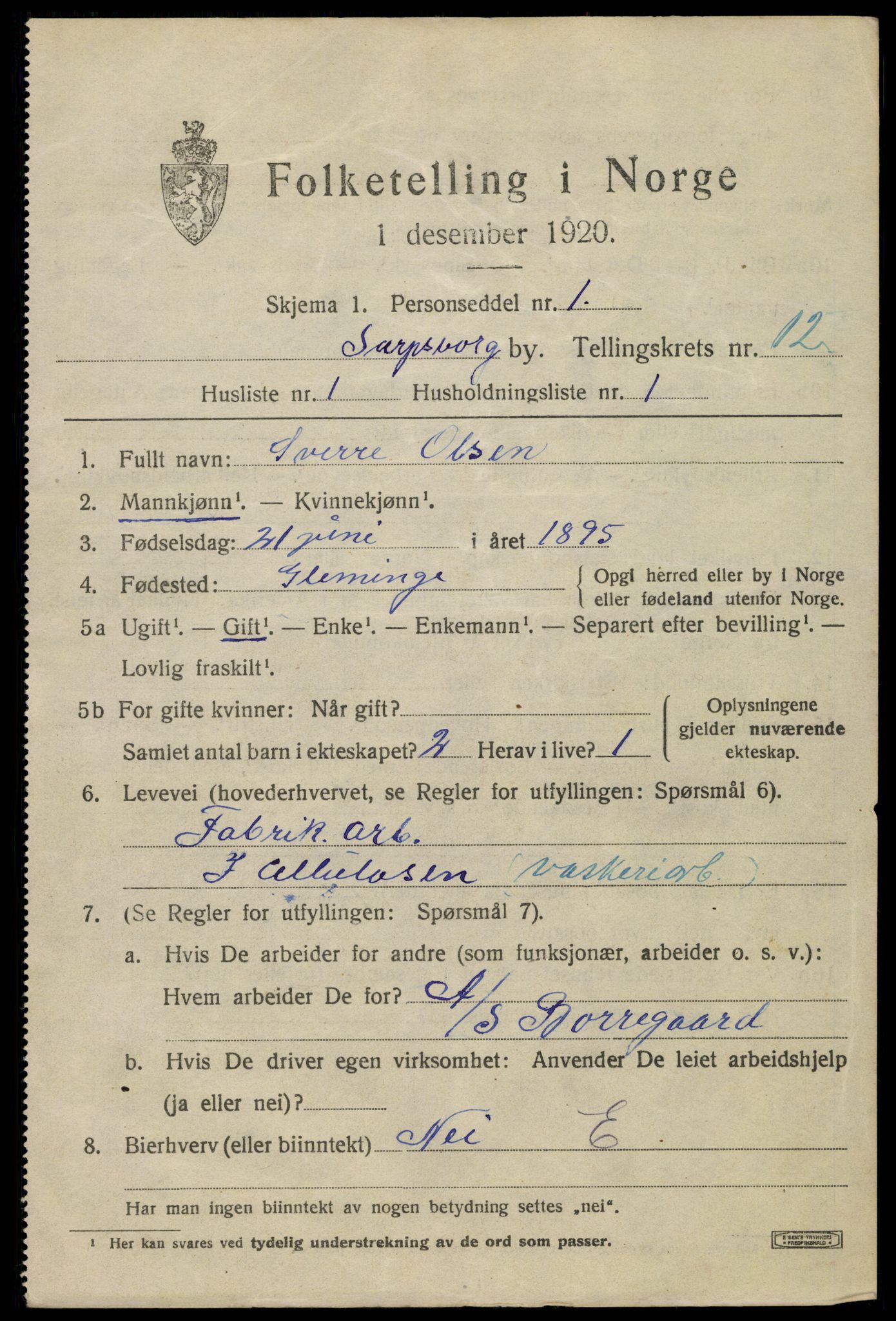 SAO, 1920 census for Sarpsborg, 1920, p. 24384