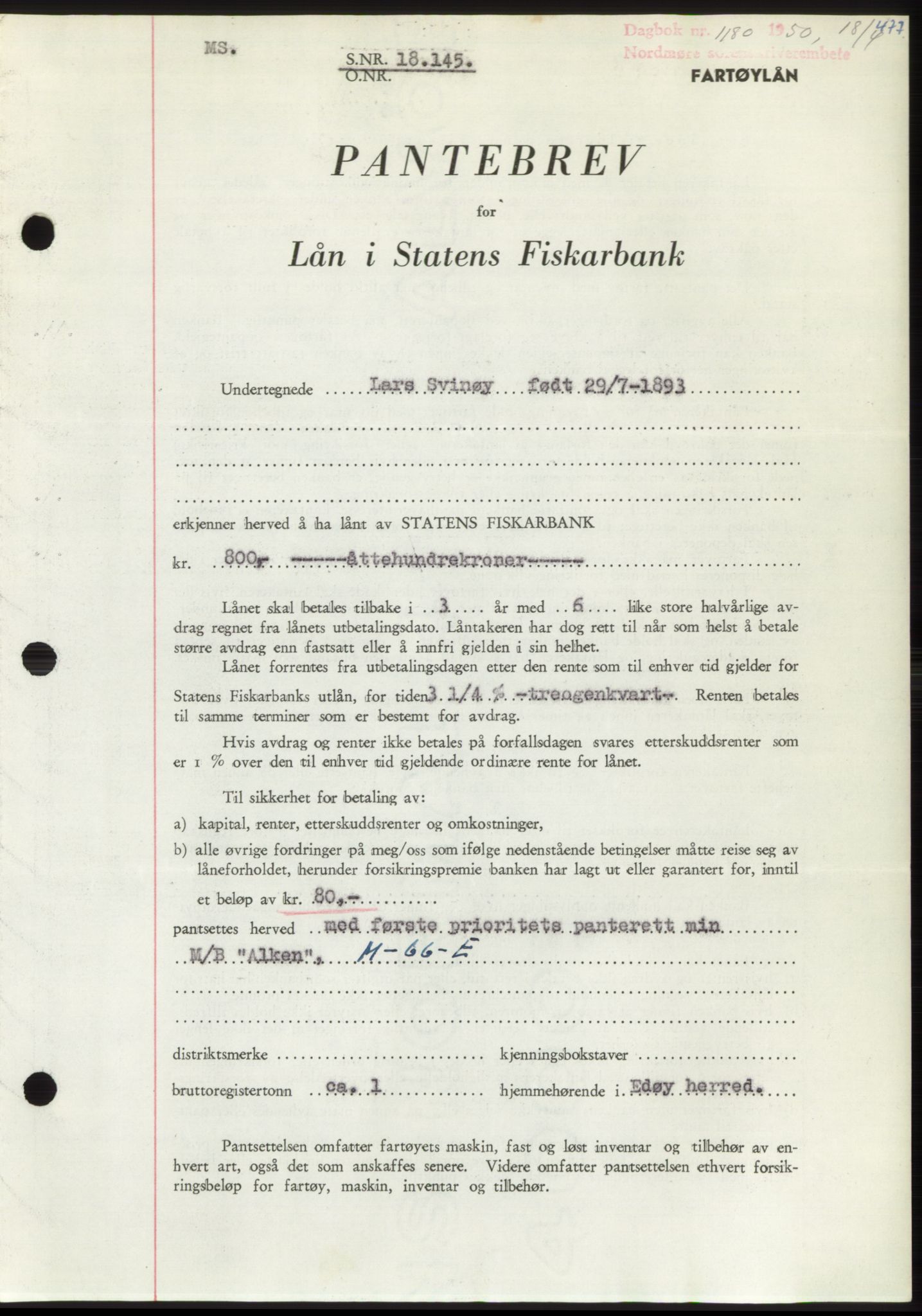 Nordmøre sorenskriveri, AV/SAT-A-4132/1/2/2Ca: Mortgage book no. B104, 1950-1950, Diary no: : 1180/1950