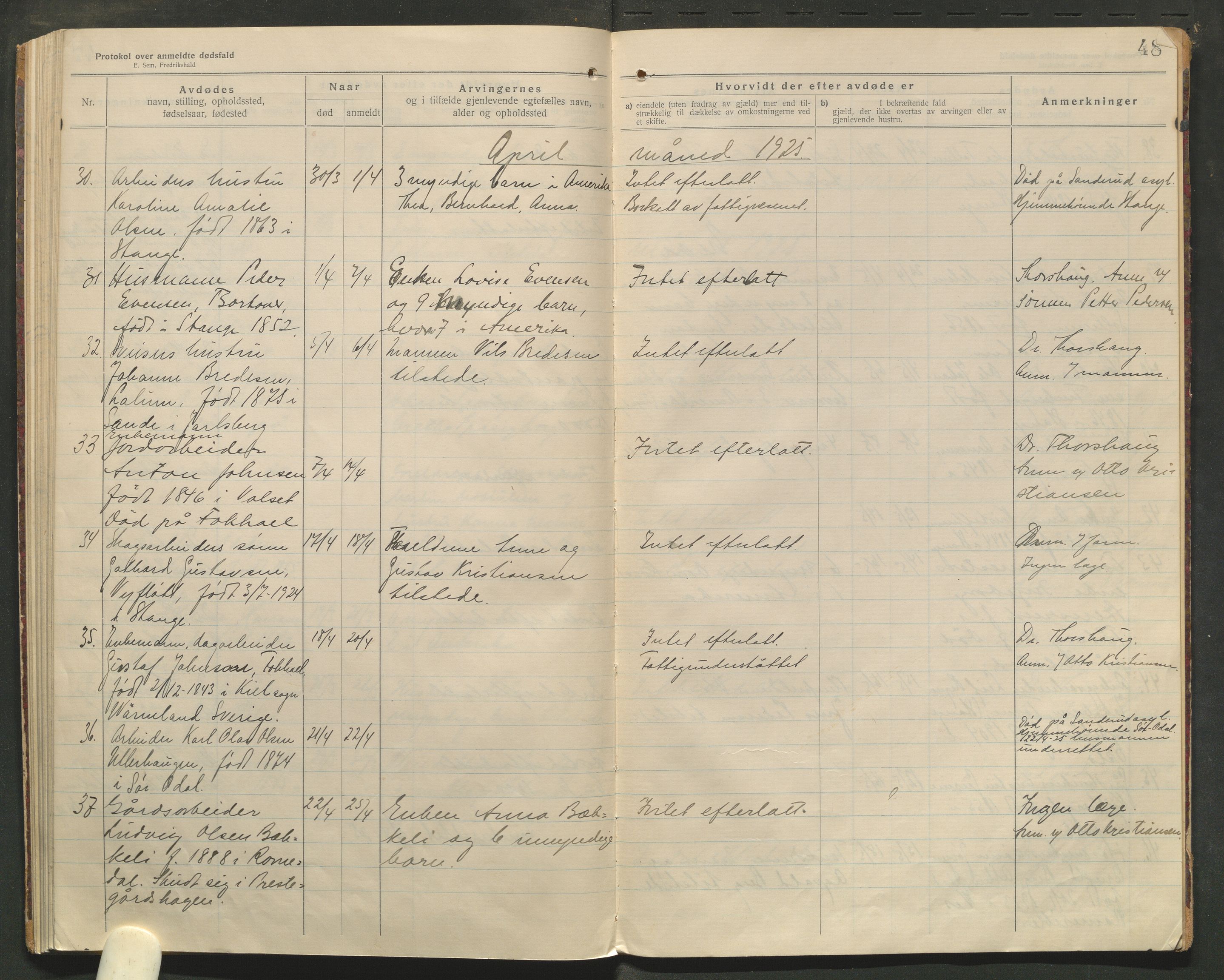 Stange lensmannskontor, AV/SAH-LHS-020/H/Ha/Haa/L0001/0004: Dødsfallsprotokoller / Dødsfallsprotokoll, 1921-1925, p. 48